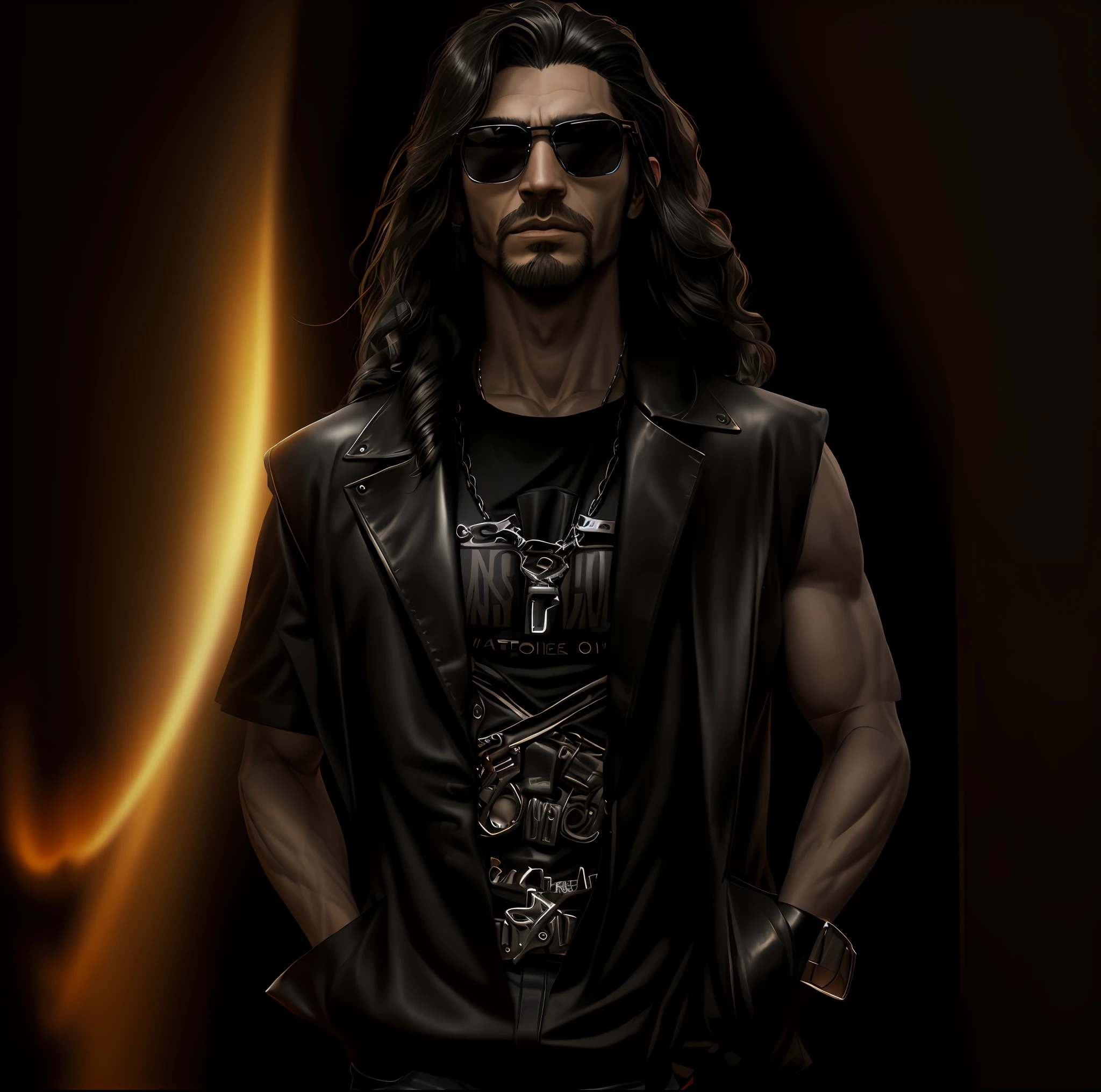 arafed man with long hair wearing a black leather vest and sunglasses, inspired by Jorge Jacinto, with his long black hair, zigor samaniego style, photo from a promo shoot, david rios ferreira, model is wearing techtical vest, dressed in biker leather, heavy metal style, black leather vest is open, jayison devadas, caio santos