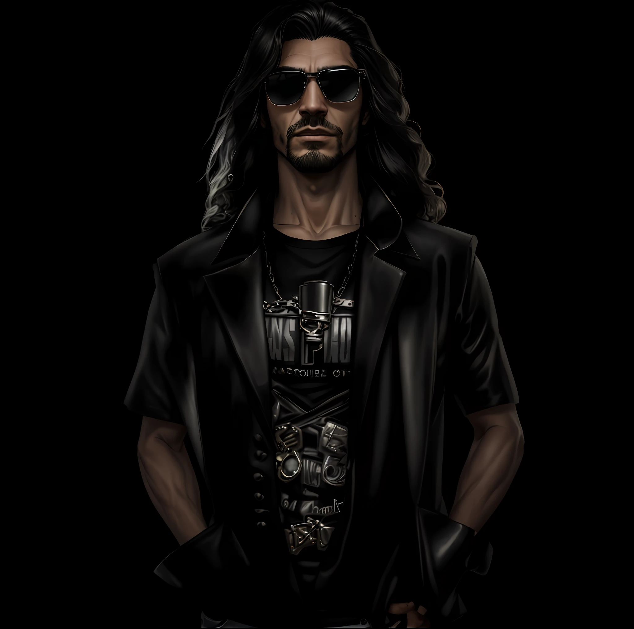 arafed man with long hair wearing a black leather vest and sunglasses, inspired by Jorge Jacinto, with his long black hair, zigor samaniego style, photo from a promo shoot, david rios ferreira, model is wearing techtical vest, dressed in biker leather, heavy metal style, black leather vest is open, jayison devadas, caio santos