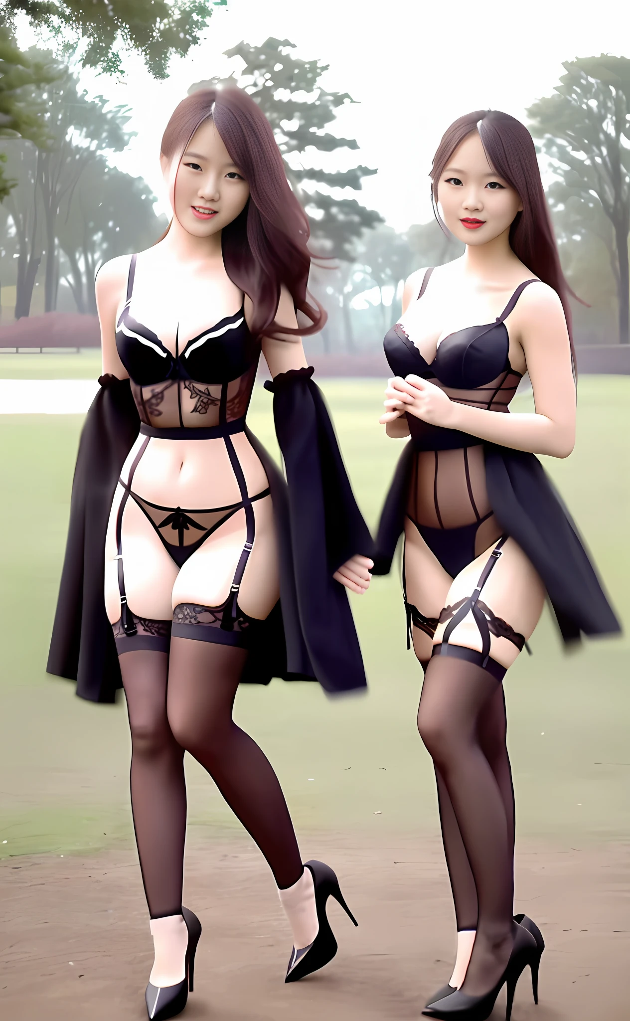 Two good-looking sexy girls wearing only erotic lingerie standing in the park, stockings, high heels, long legs, medium size chest