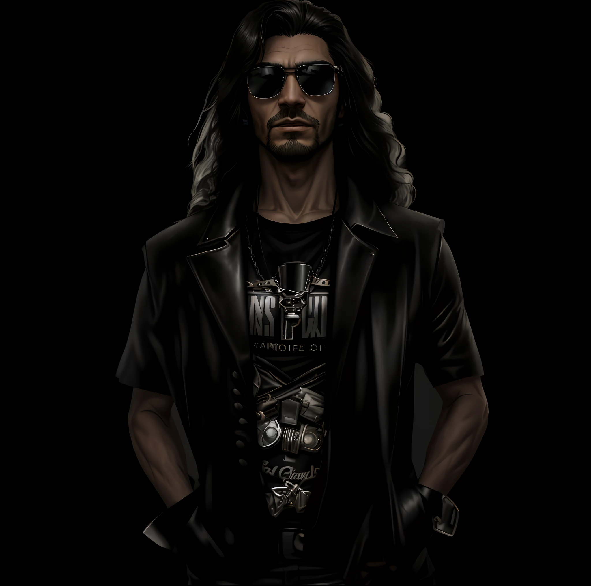 arafed man with long hair wearing a black leather vest and sunglasses, inspired by Jorge Jacinto, with his long black hair, zigor samaniego style, photo from a promo shoot, david rios ferreira, model is wearing techtical vest, dressed in biker leather, heavy metal style, black leather vest is open, jayison devadas, caio santos