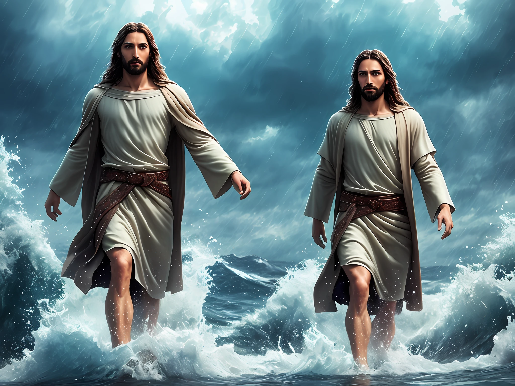 jesus walking on water in a storm, masterpiece, best quality, high quality, extremely detailed CG unit 8k wallpaper, award winning photography, Bokeh, Depth of Field, HDR, bloom, Chromatic aberration, photorealistic, extremely detailed, trending on artstation, trending on CGsociety, intricate, high detail, dramatic, mid-journey art, volumetric lighting
