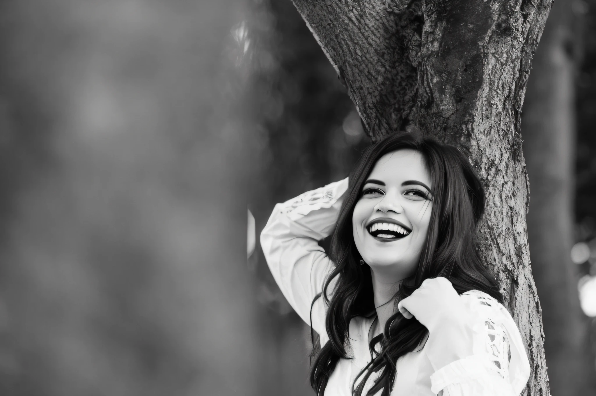 arafed woman leaning against a tree in a park, candid portrait photo, she expressing joy, she is laughing, black and white picture, beautiful and smiling, she is smiling and excited, instagram photo, she is smiling and happy, shot with sigma f/ 4.2, shot with sigma f / 4. 2, b&w photo, dramatic smile pose intricate
