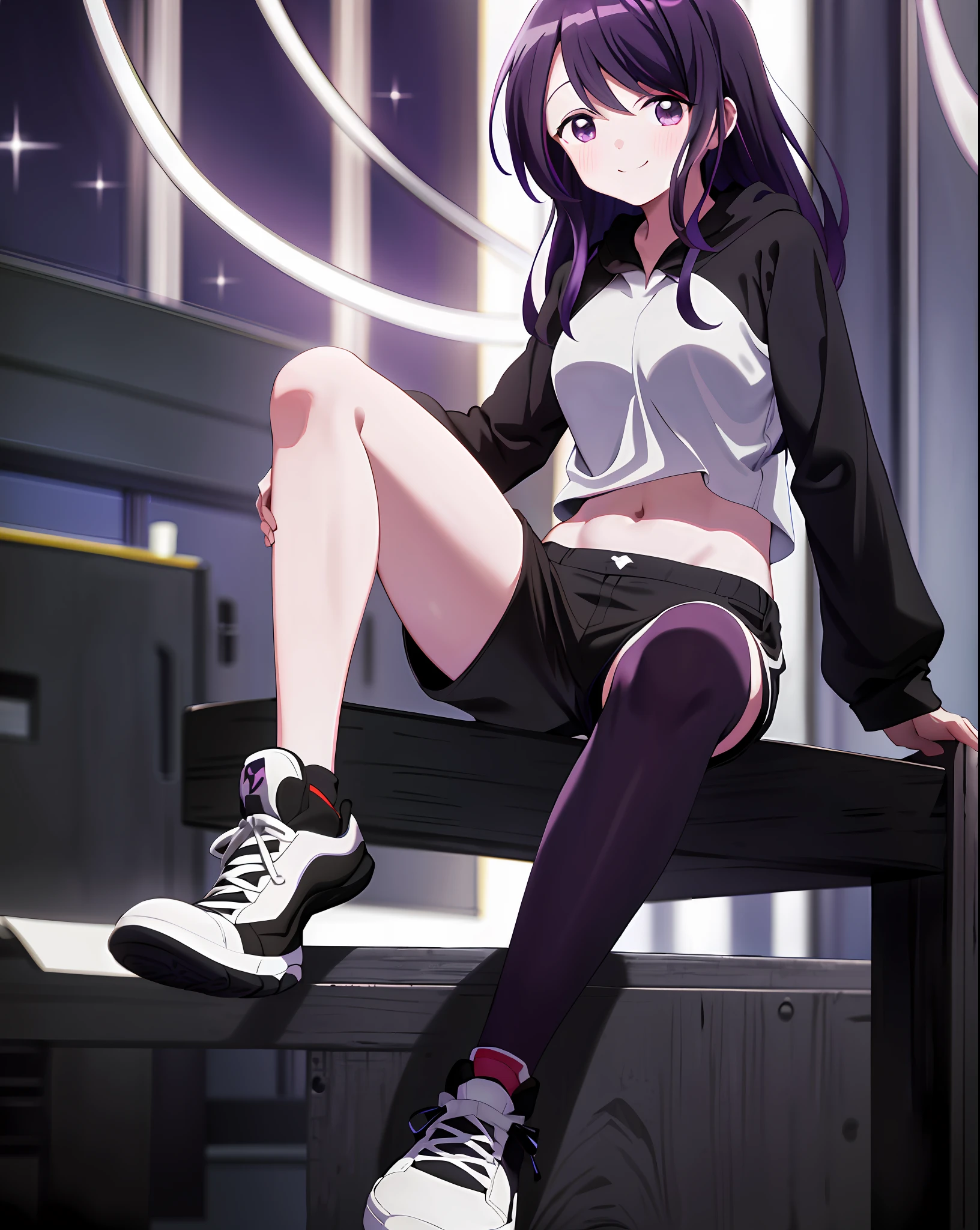 upper body, kubo, 1girl, solo, t-shirt, wearing black long-sleeved blouse and hoodie, showing navel, black shorts, sitting, white sneakers with black details, blush, smile, closed mouth, purple eyes, purple hair, looking at the viewer, CG, ultra detailed
