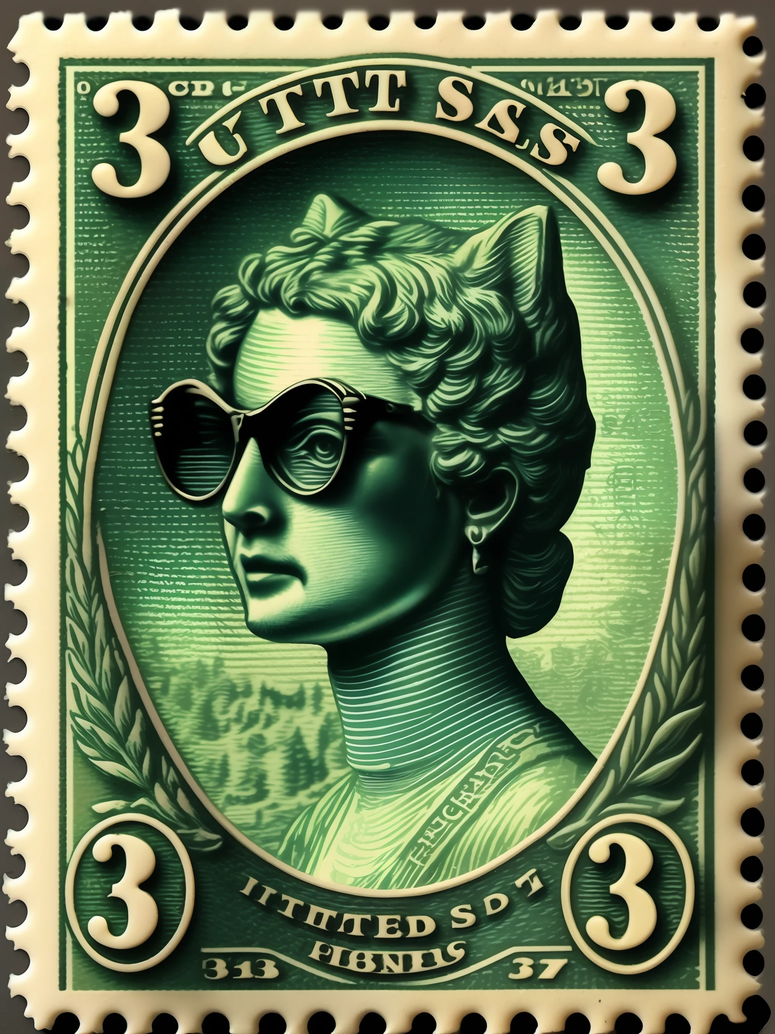 vintage United States Postage Stamp, 3 cent stamp, Cute Cat Of sunglasses full body, green ink, inline engraving, intaglio