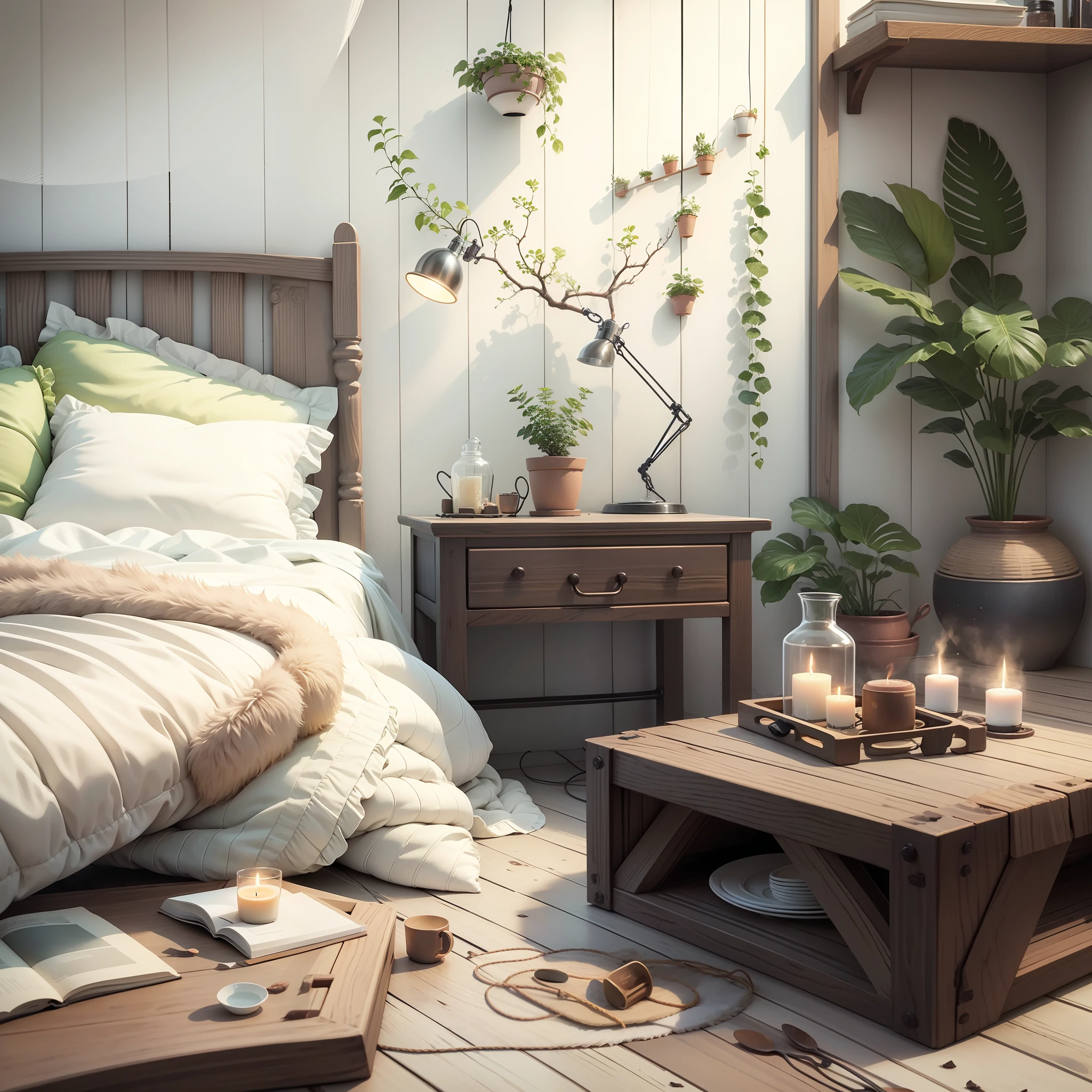 High quality photographic, aromatic candle, bed cabinet, clean, minimalist --auto --s2