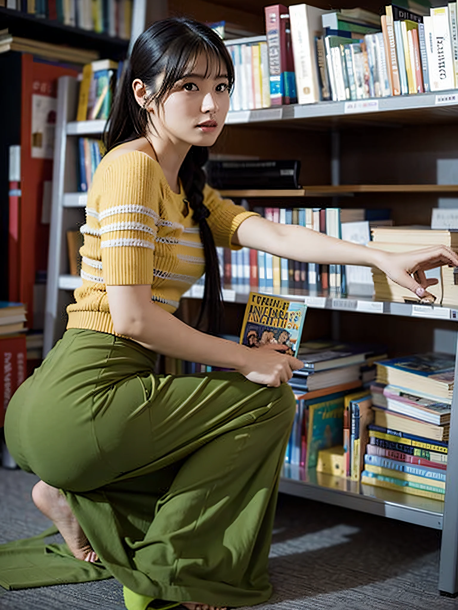 araffe woman in a library picking a book from a shelf, librarian, in a library, beautiful adult library fairy, skinny waist and thick ????, very perfect position, dramatic reading book pose, student, reading in library, holding books, young and cute girl, attractive pose, books all over the place, awesome pose, widest ????, filled with books