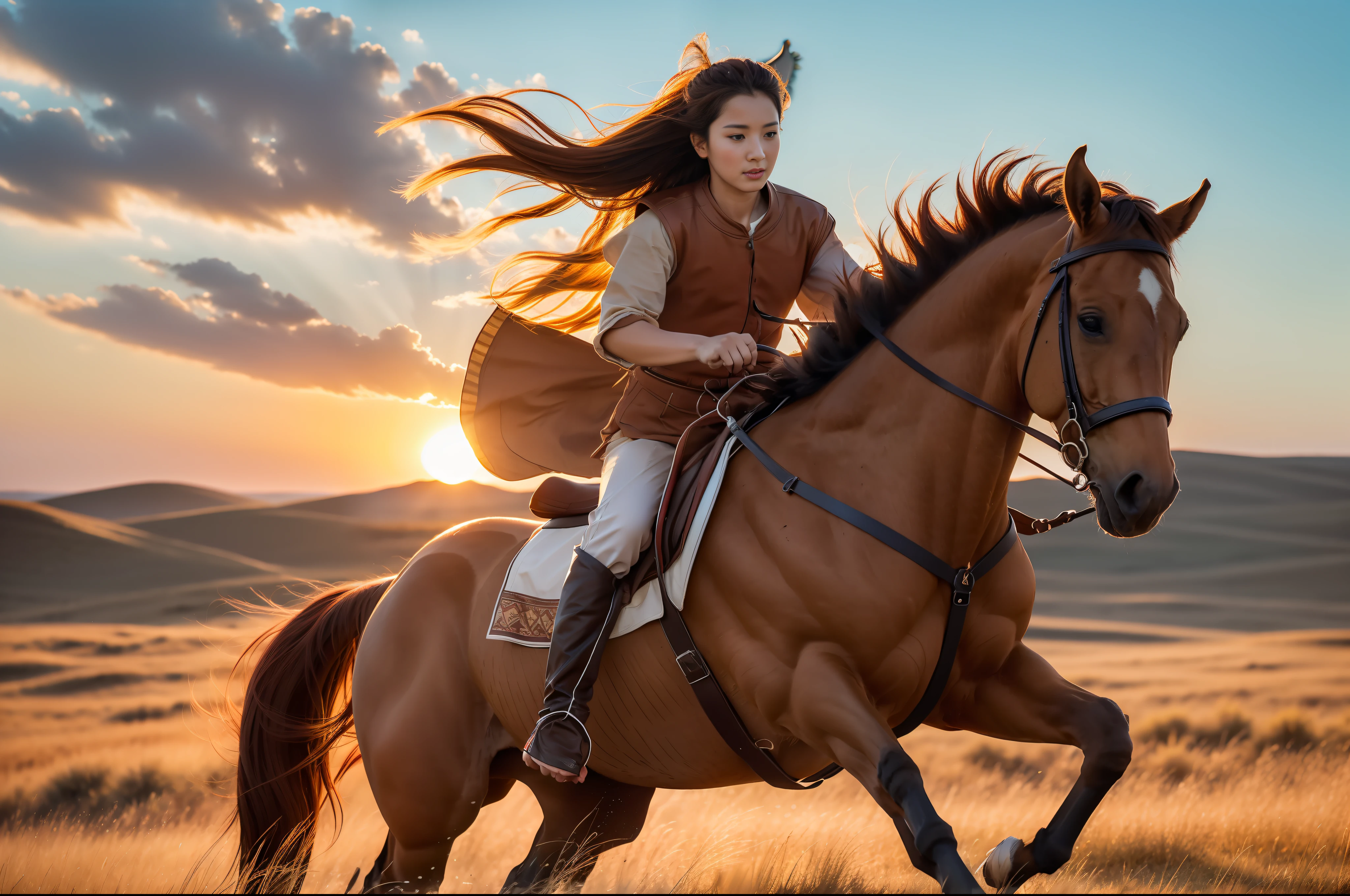 A brown-red horse galloped across the steppe in the setting sun, full limbs, long mane,