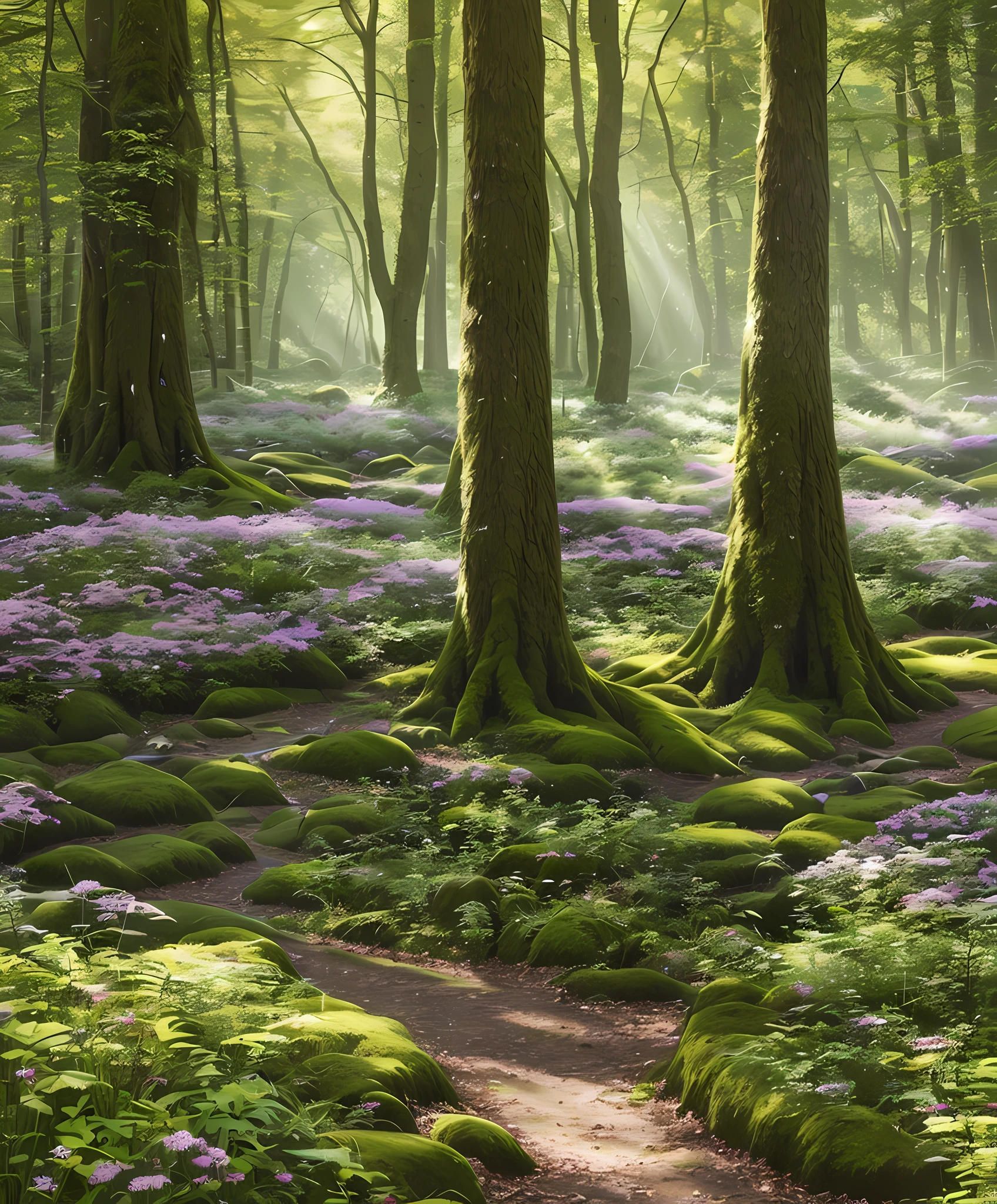 Imagine an enchanted forest in ultra-high definition (4K), with a level of realism that challenges the distinction between art and reality. Dawn is breaking, and golden sunlight gently seeps through the emerald green leaves of tall, ancient trees, creating a play of light and shadow that dances on the forest floor. The floor is a carpet of soft moss, dotted with magical flowers that glow with vibrant colors and seem to emit a light of their own. Small mystical creatures, detailed with photographic precision, lurk behind the trees and foliage, adding a touch of mystery and wonder. The scene is viewed from a low angle, with the sun shining directly through the trees in the center of the image, creating a lens effect that adds depth and dimension to the scene. The image should be so realistic that it looks like you could get into it.
