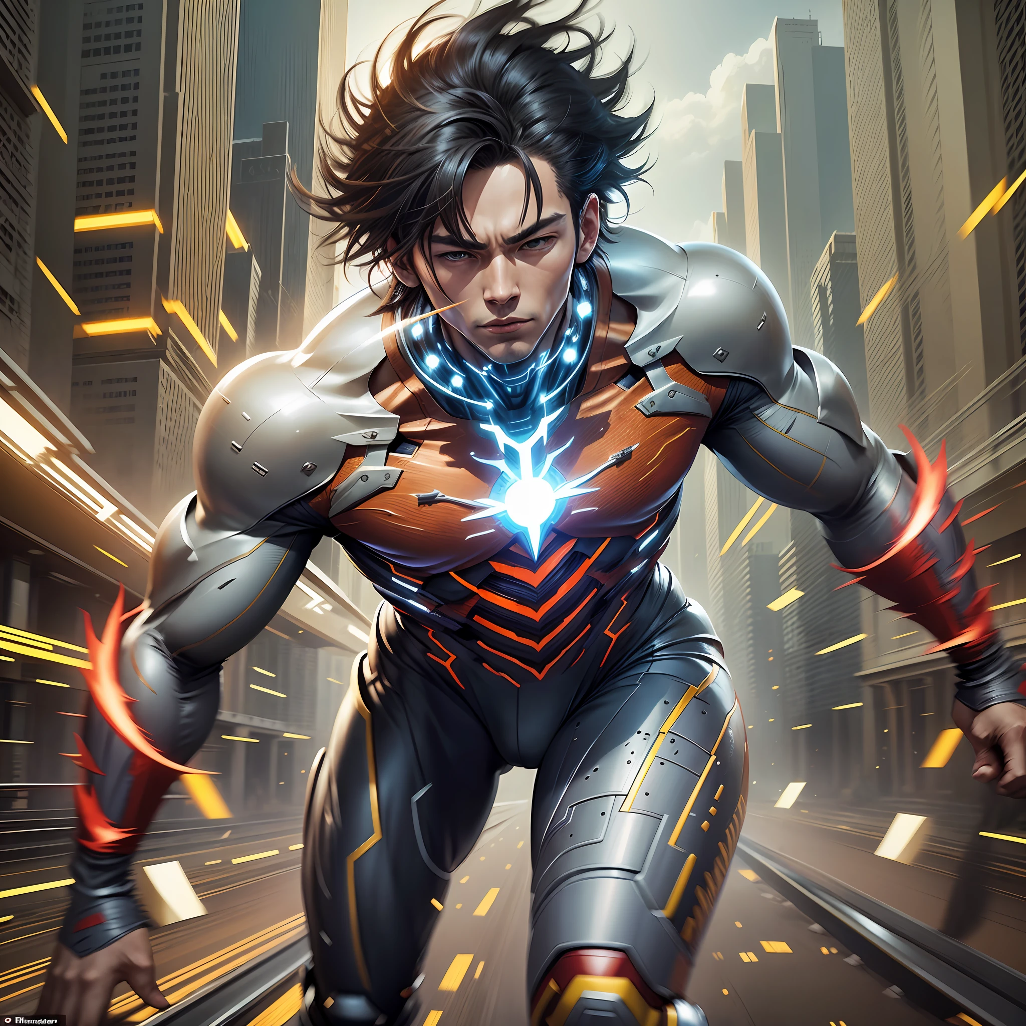 ((realistic: 1.5)),((best quality)), ((masterpiece)),((detailed)), man, spiky hair, asian, superhero outfit speedster, running, speed effect, on a long road --auto --s2