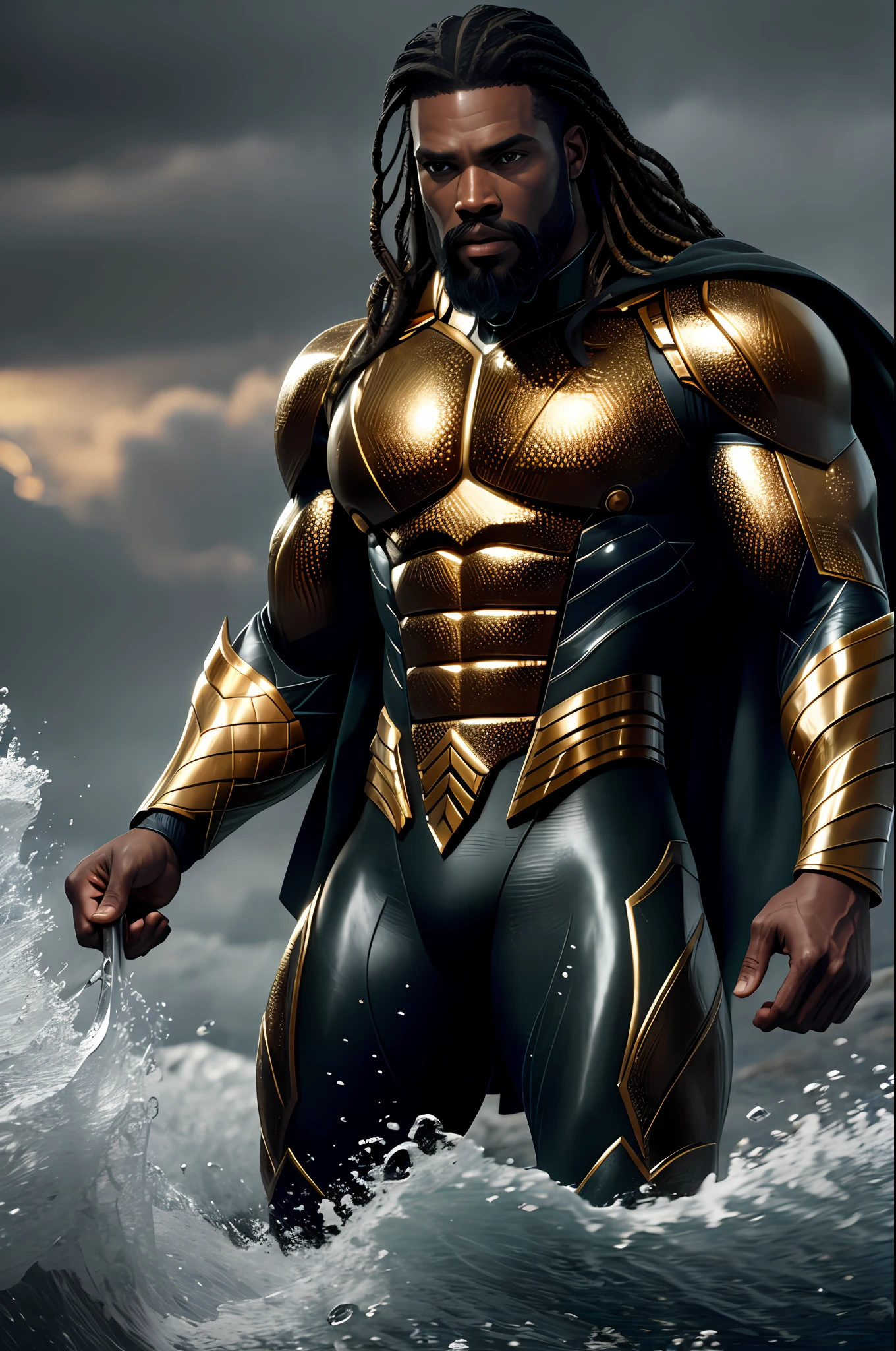 (8k, RAW photo, best quality, masterpiece: 1.2), ultra-detailed, formal art, photorealism: 1.37, upper body photo, Black Man 40 years old DC Aquaman, film grain, action pose