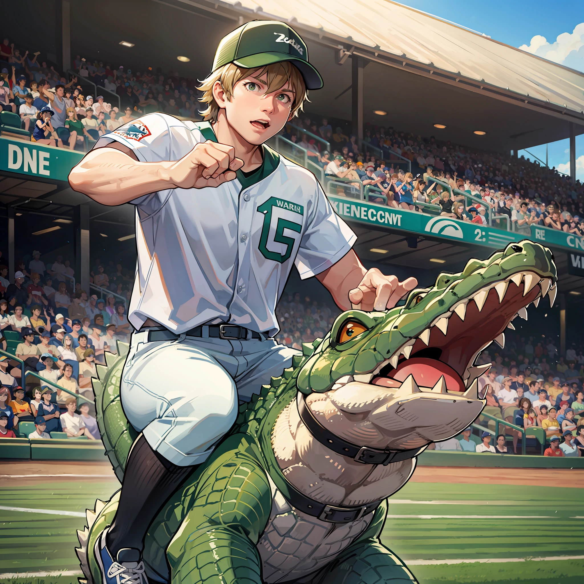 Steve Irwin in a baseball stadium riding a crocodile