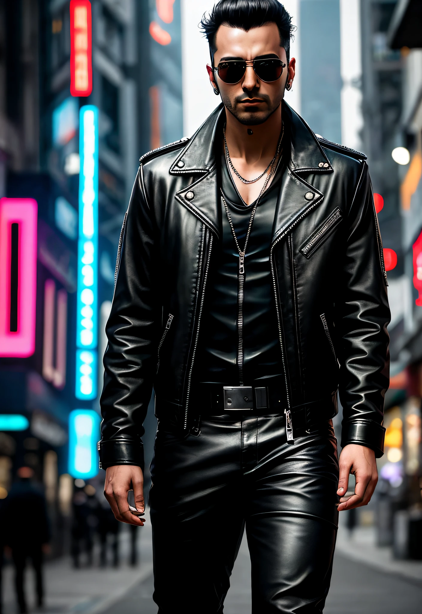 arafed man in leather jacket and sunglasses walking down the street, cyberpunk art inspired by Eugene Leroy, trending on Artstation, digital art, cyberpunk street goon, cyberpunk dude, in cyberpunk style, cyberpunk style , hyperrealistic, hyper-realistic cyberpunk style, cyberpunk character, wearing cyberpunk leather jacket, portrait of a cyberpunk man, has cyberpunk style