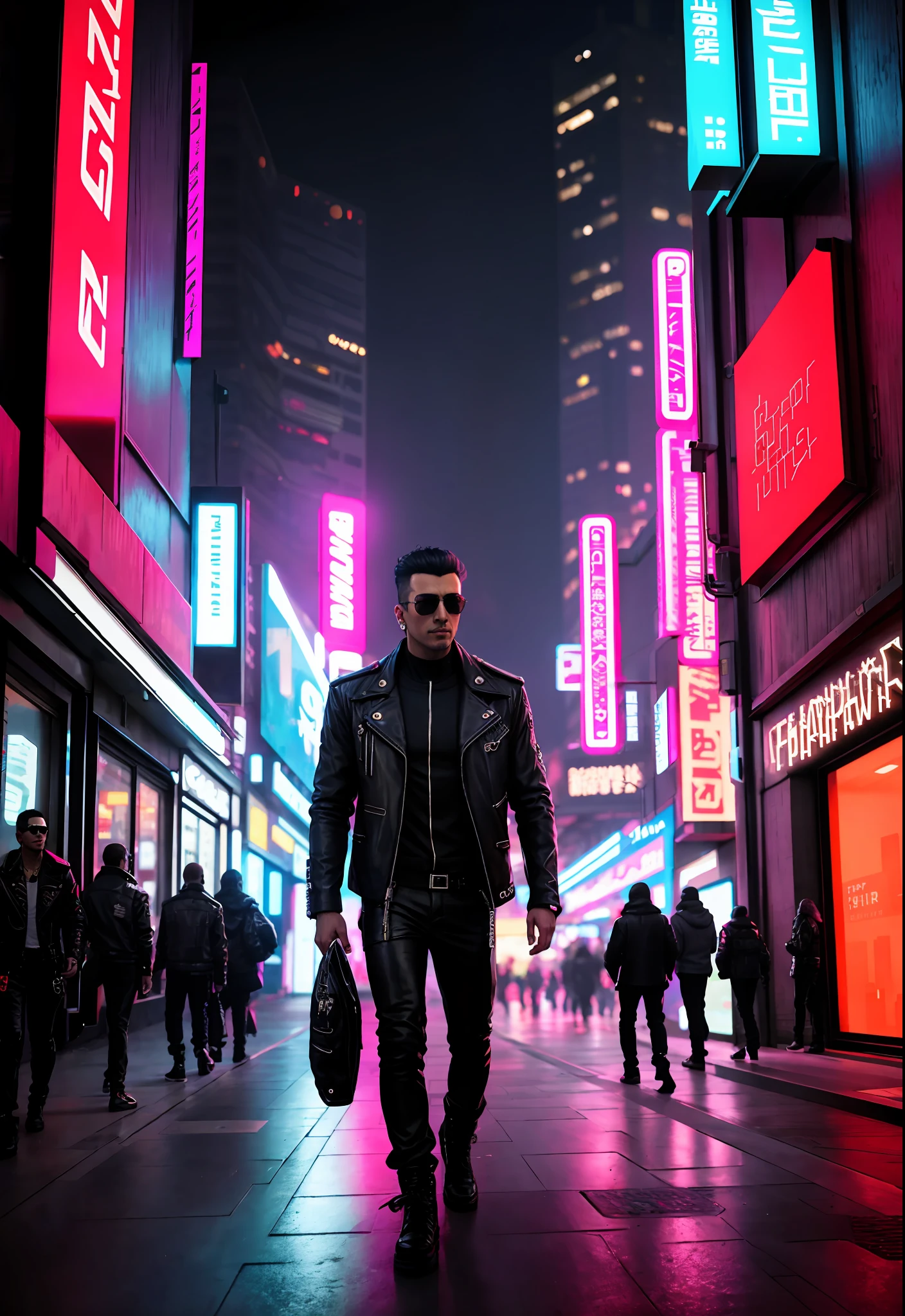 arafed man in leather jacket and sunglasses walking down the street, cyberpunk art inspired by Eugene Leroy, trending on Artstation, digital art, cyberpunk street goon, cyberpunk dude, in cyberpunk style, cyberpunk style , hyperrealistic, hyper-realistic cyberpunk style, cyberpunk character, wearing cyberpunk leather jacket, portrait of a cyberpunk man, has cyberpunk style