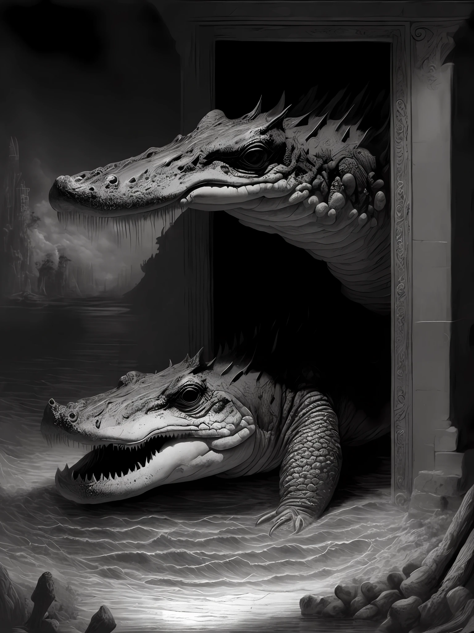 a black and white drawing of a large alligator looking out a window at a body of water by Gustave Dor