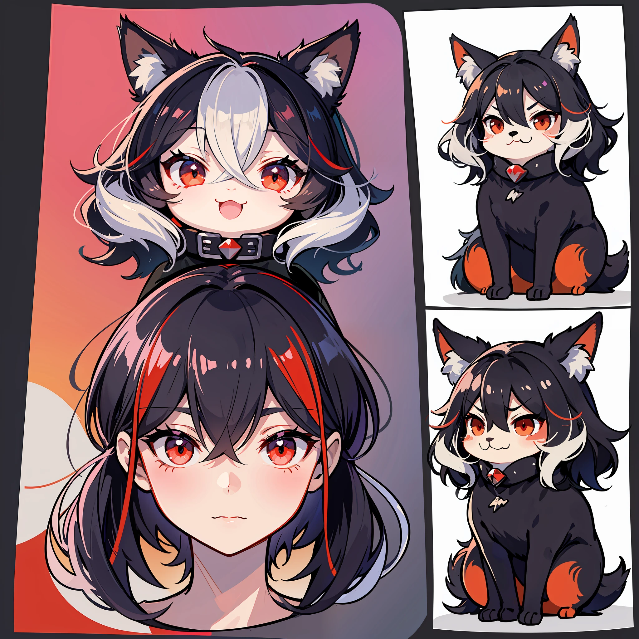 twitch emote, no humans, flat color, cel shading, black and red fox, emoji, kawaii, white background, simple background,