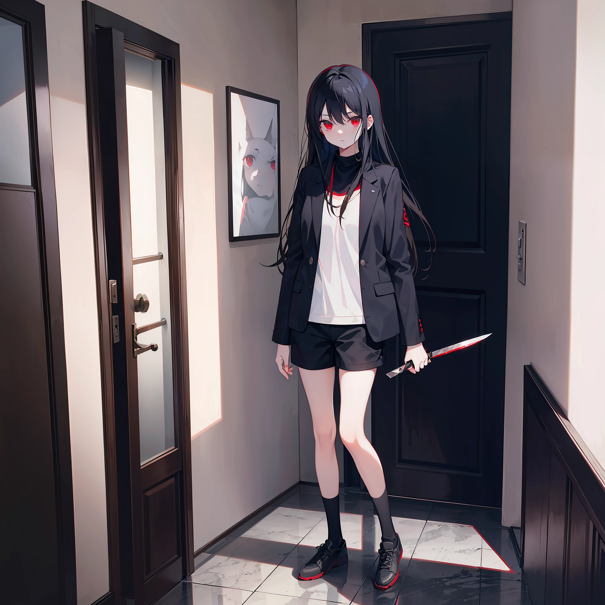 dim lights, corredor, 1girl, standing at the door, neutral expression, yandere, knife in hand, still pose, red eyes, black hair, black shirt, white jacket, brown shorts, long socks