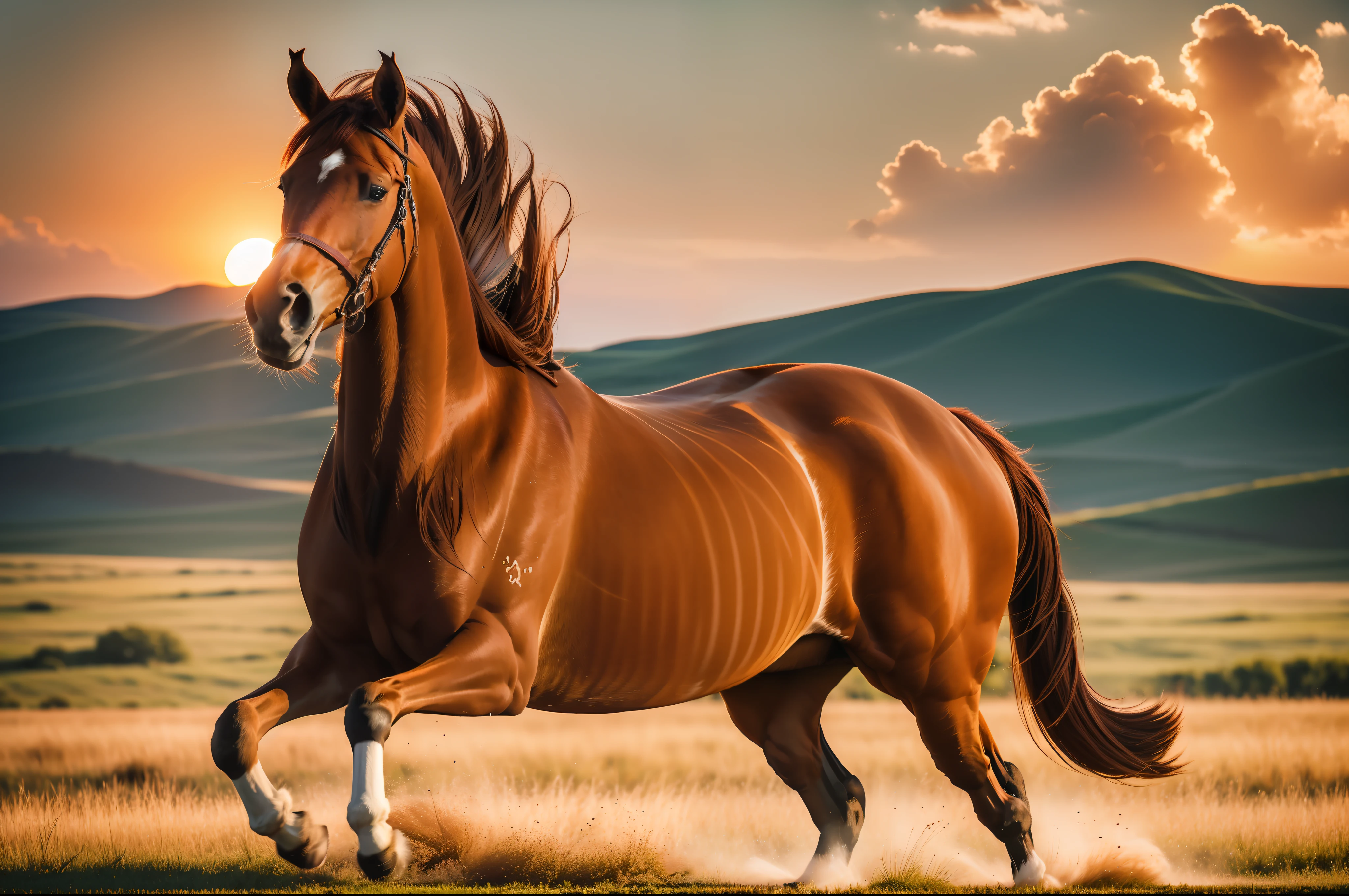 A brown-red horse galloped across the steppe in the setting sun, full limbs, long mane,