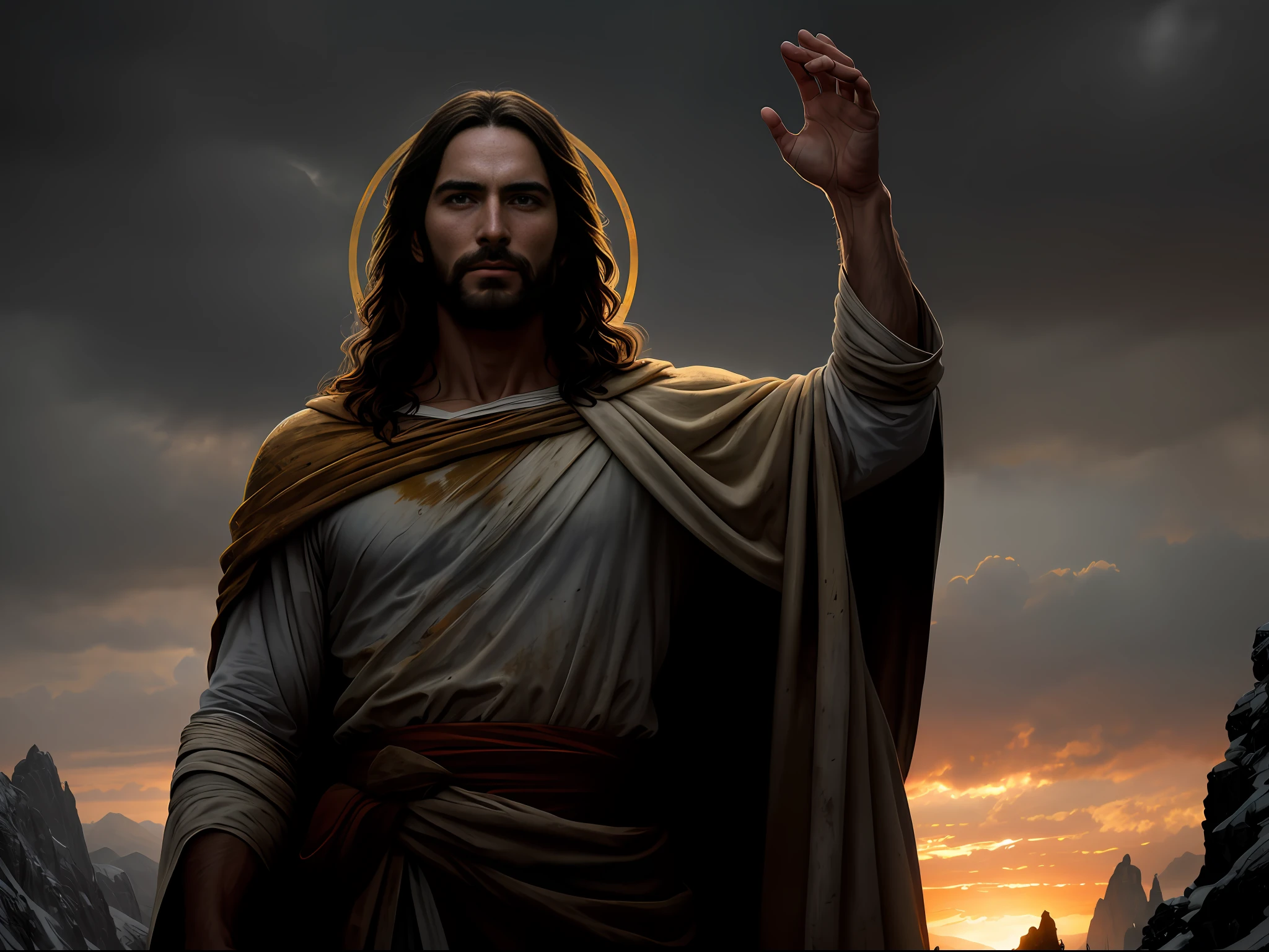 JESUS CHRIST on top of a mountain, arms raised, dark photo: realistic epic, soft cinematic portrait, adobe lightroom, photographic laboratory, highly detailed, faded, art by greg rutkowski and artgerm ,neutral colors: 1,2), (hdr: 1,4) , (soft colors:1.2), hyperdetailed, (artstation:1.4), cinematic, warm lights, dramatic light, (intricate details:1.1), complex background, (rutkowski:0.66), (blue and orange:0.4)