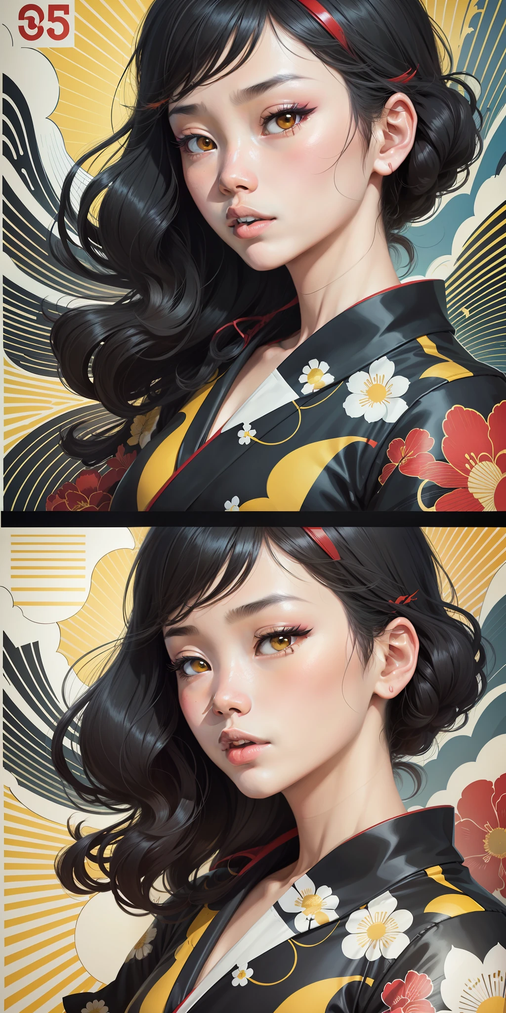 Vietnamese girl, primary colors with white highlights, half tone, close-up portrait, hair blown by the wind, Hokusai wave background, ukiyo-e style by Tomer Hanuka and Atey Ghailan and Roy Lichtenstein and Maxfield Parrish, expressive, in the style of official art, gorecore, koi fish and avian-themed, dark yellow and light black, oshare kei, full body.Vector, Cell shade,