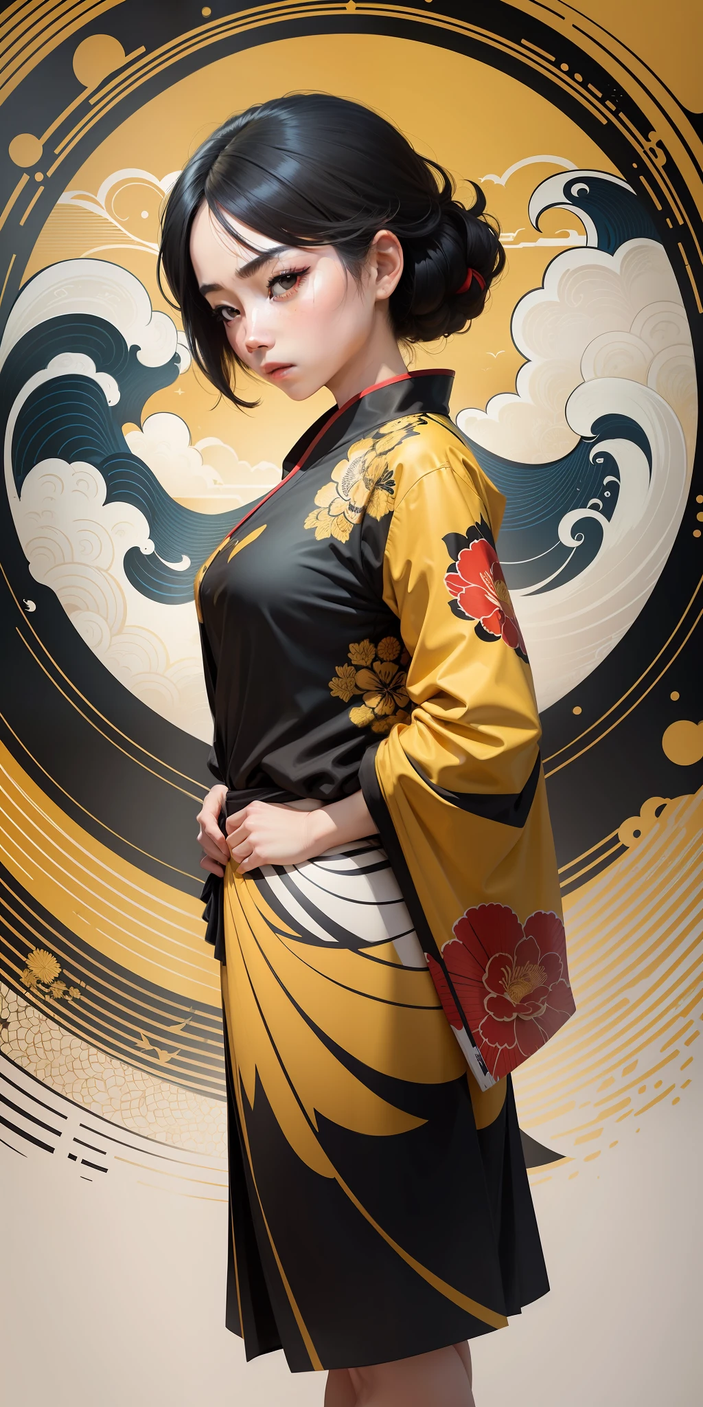 Vietnamese girl, primary colors with white highlights, half tone, close-up portrait, hair blown by the wind, Hokusai wave background, ukiyo-e style by Tomer Hanuka and Atey Ghailan and Roy Lichtenstein and Maxfield Parrish, expressive, in the style of official art, gorecore, koi fish and avian-themed, dark yellow and light black, oshare kei, full body.Vector, Cell shade,