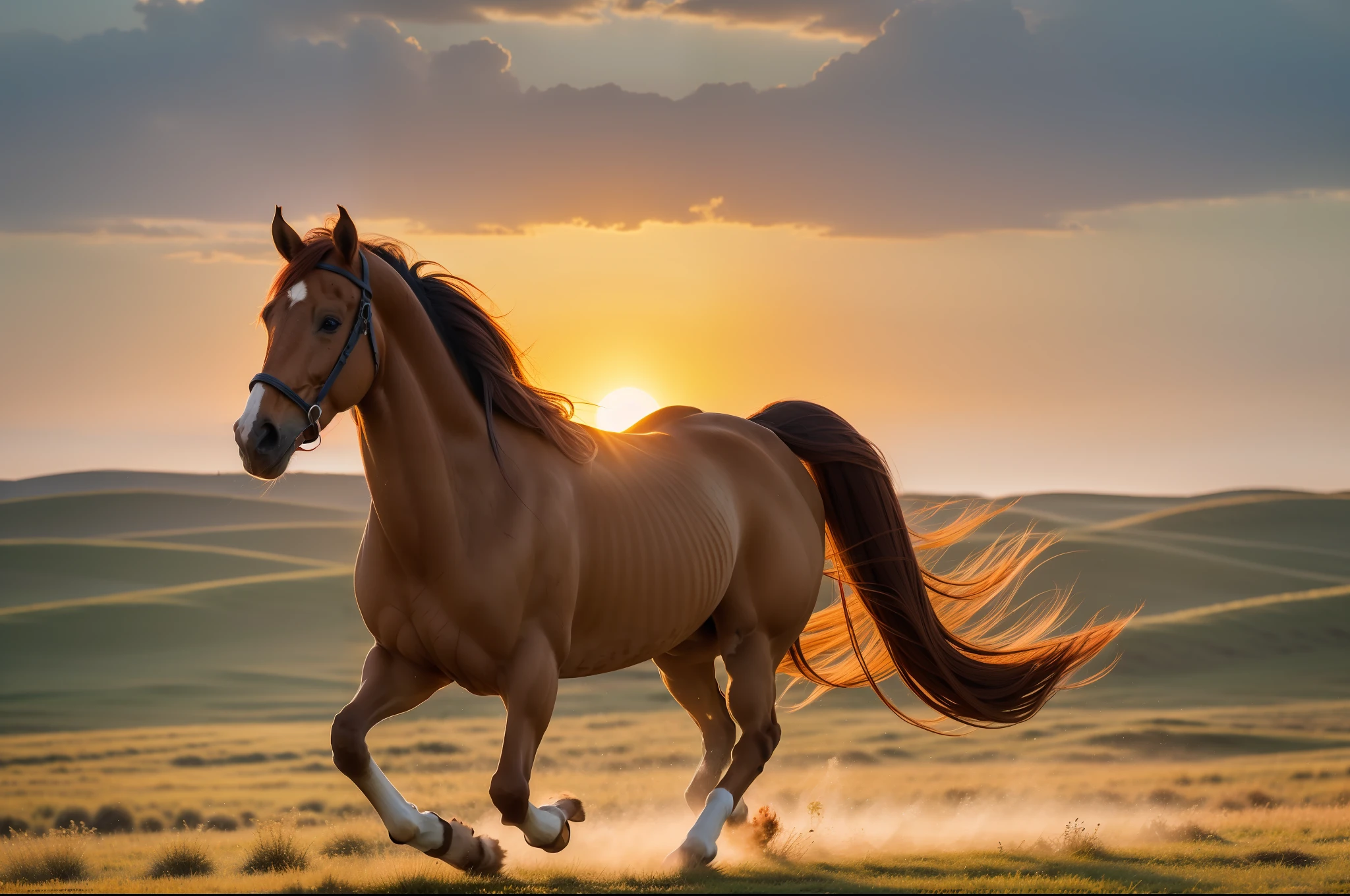 A brown-red horse galloped across the steppe in the setting sun, full limbs, long mane,