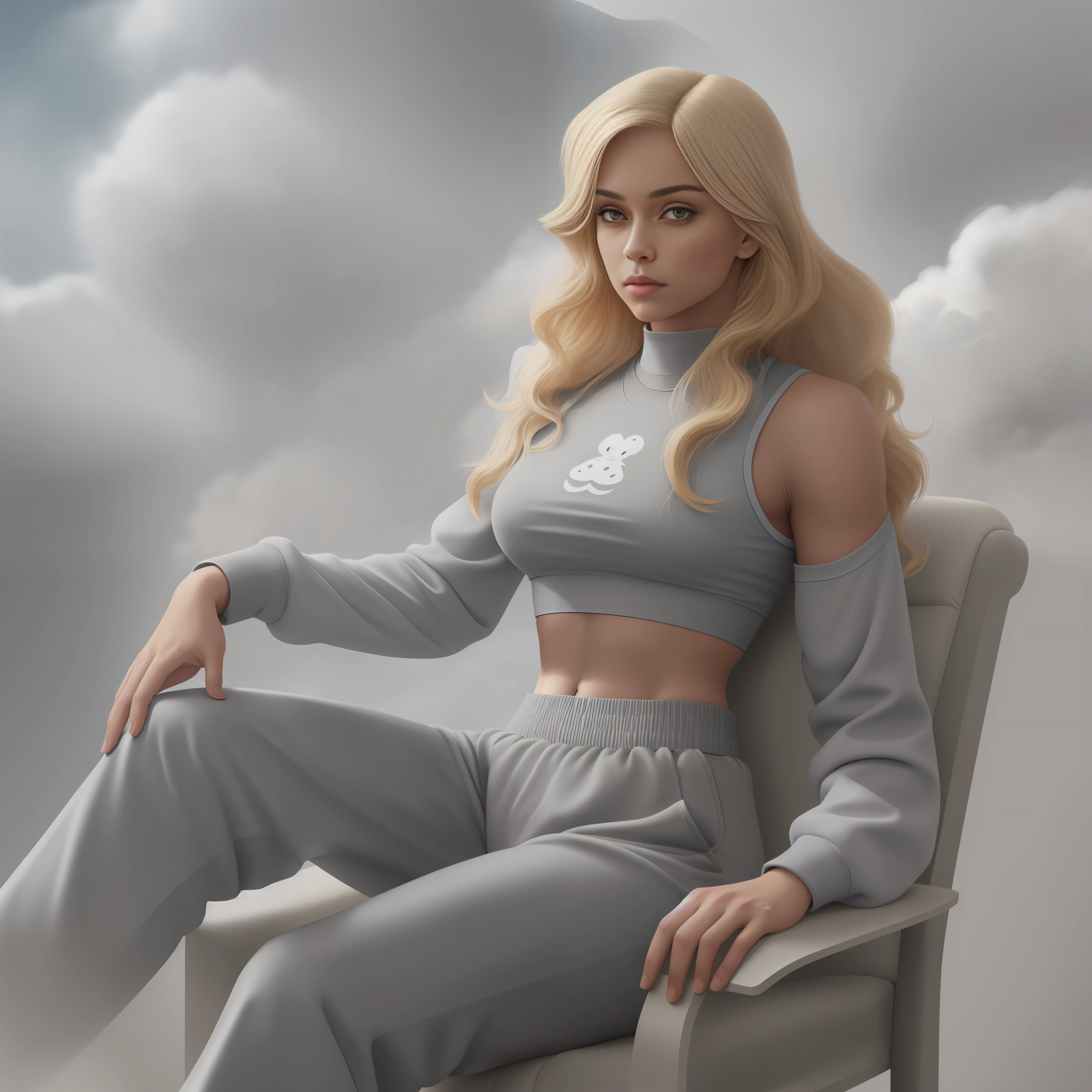 god is a blonde woman above the clouds, sitting on throne, legs crossed, on a cloud detailed face, grey sport croptop, grey sweatpants