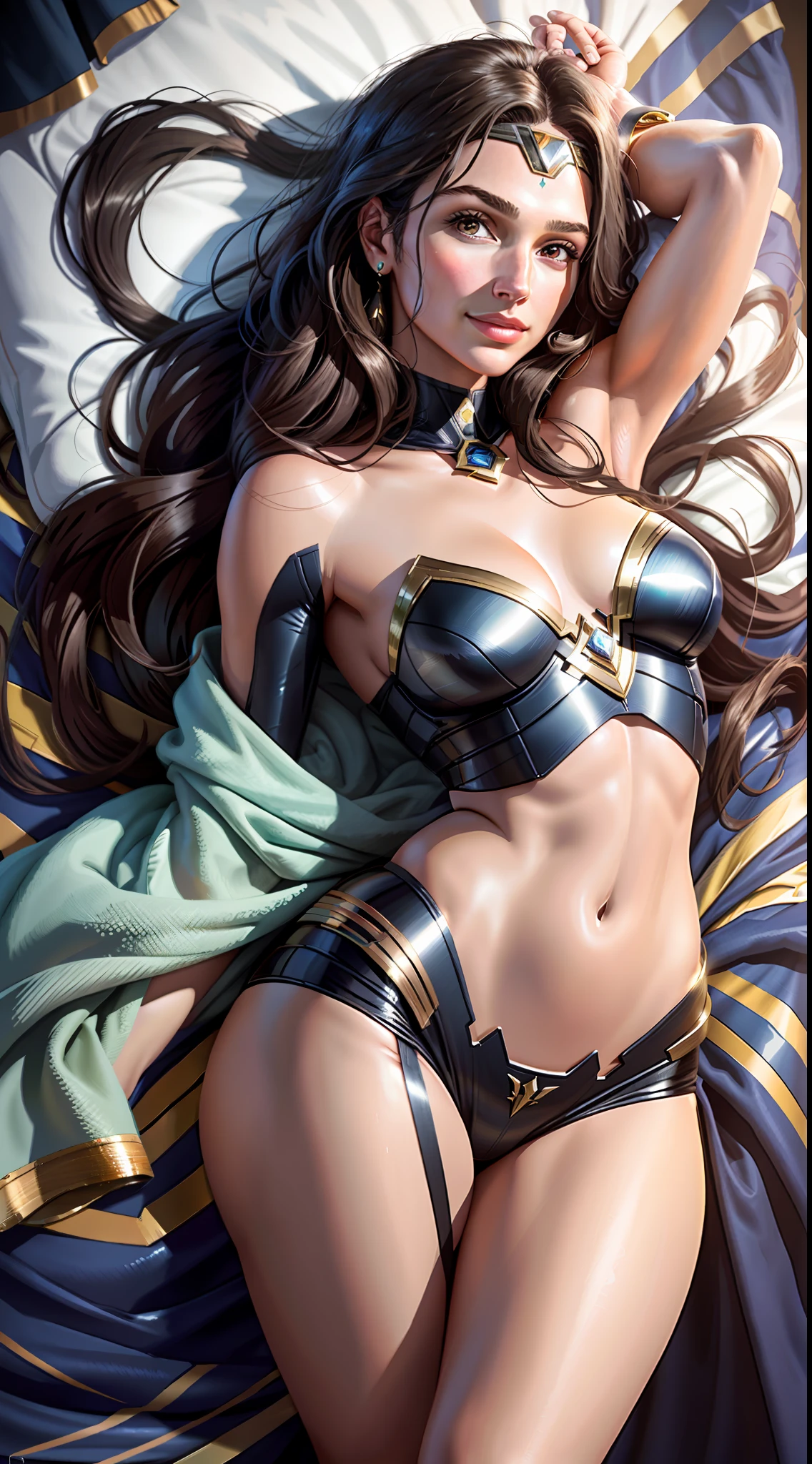 photorealistic, masterpiece, high resolution, 8k, Gal Gadot, alone, mischievous smile, full body, wide hips, thick thighs, detailed face, detailed eyes, silky pellet, perfect face, perfect details, normal fingers, small breasts, realistic face, normal eyes, flat chest, in queen size bed, in a luxury apartment, big ass, micro suit