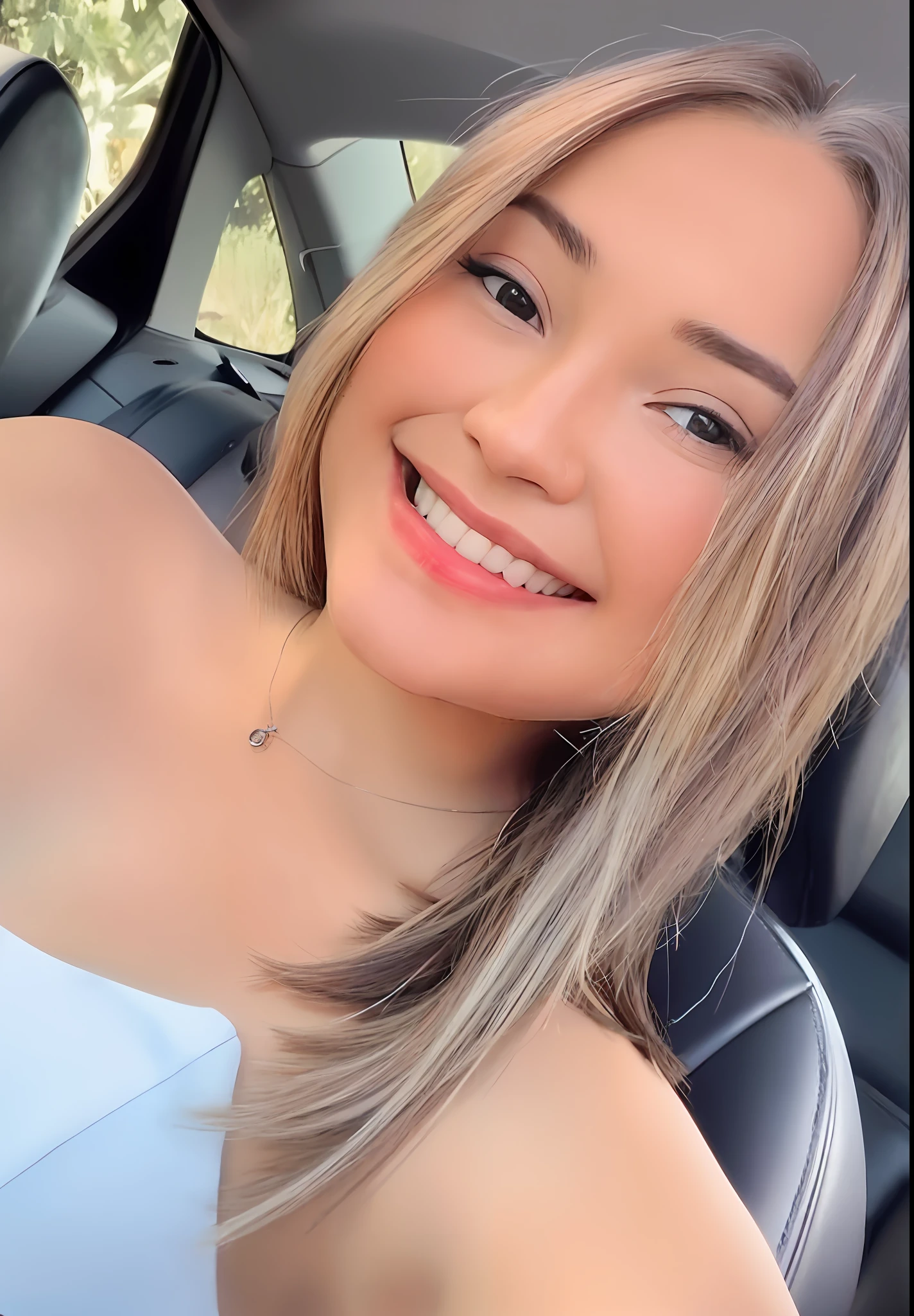 a close up of a woman in a car smiling for the camera, pokimane, beautiful and smiling, lorena avarez, alanis guillen, lovely smile, violet myers, she is smiling, pretty smile, cute seductive smile, isabela moner, slight cute smile, she is smiling and excited, fernanda suarez, she is smiling and happy