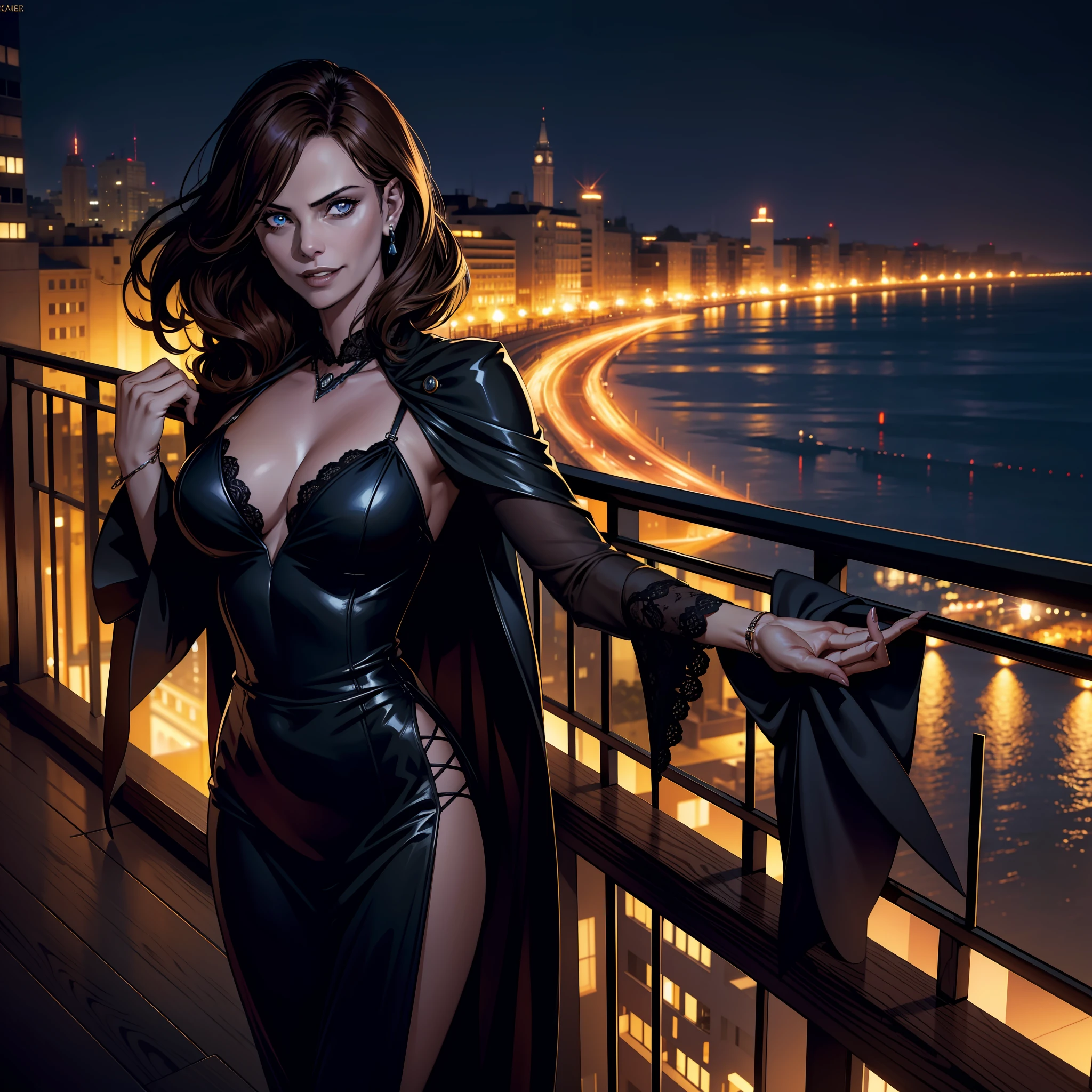 (extremely detailed 8k wallpaper), dark theme, Vampire the Masquerade, modern horror, 2020s, very beautiful woman, wearing executive dress, sharp focus, (subsuperficial scattering:1.1), award-winning photography, centered face, (Charlize Theron's face), half-body photo:1.1, long light brown hair, blue eyes:1.2, big smile, on the balcony of a luxury apartment overlooking the beach at night,  dramatic lighting