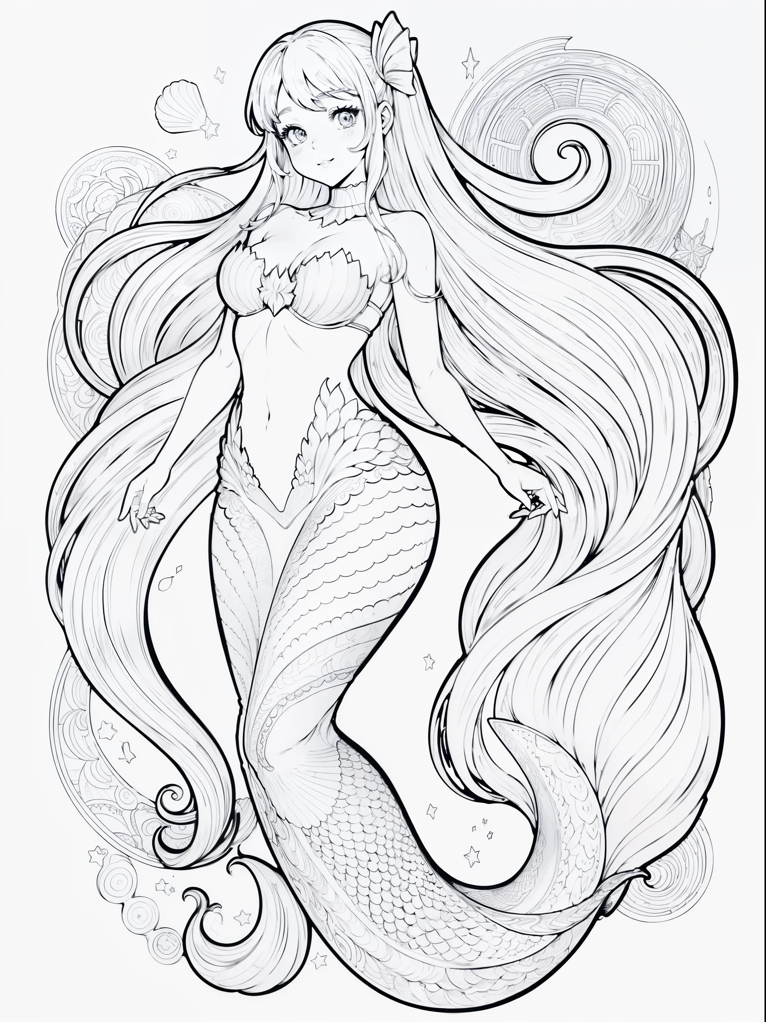 ((outline art, Coloring Page: 1.5) | (lineart: 1.3)), mermaid, full body, white background, playful expression, anime style