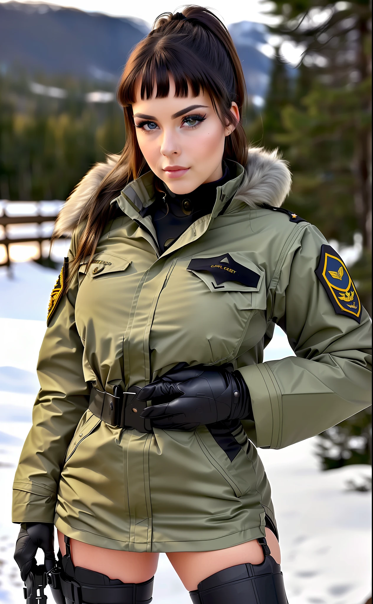 beautiful Gabbie Carter posing as an army officer, photo referenced, highest quality, high quality, (detailed face and eyes), dusk lighting, high boots, strong makeup, industrial, outdoor snow forest background