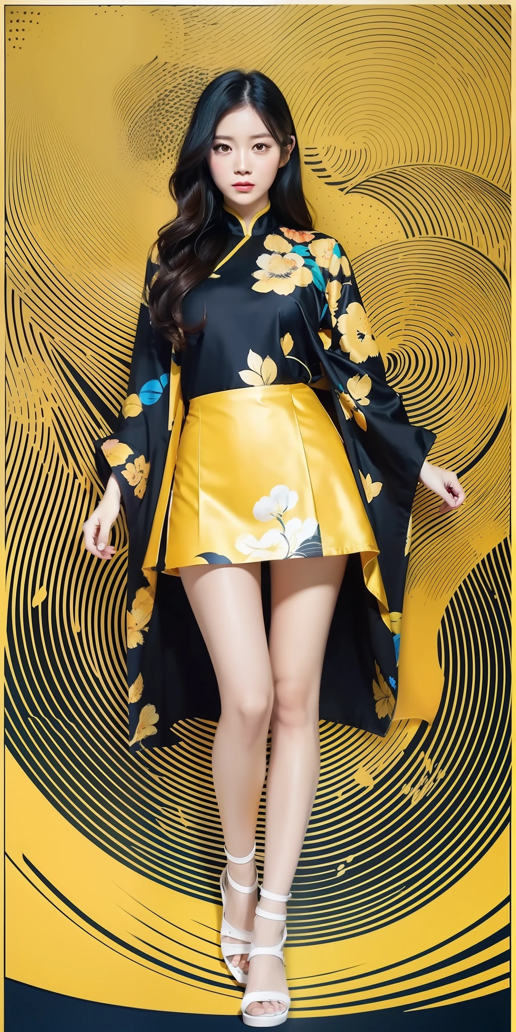 Vietnamese girl, primary colors with white highlights, half tone, close-up portrait, hair blown by the wind, Hokusai wave background, ukiyo-e style by Tomer Hanuka and Atey Ghailan and Roy Lichtenstein and Maxfield Parrish, expressive, in the style of official art, gorecore, koi fish and avian-themed, dark yellow and light black, oshare kei, full body.Vector, Cell shade,