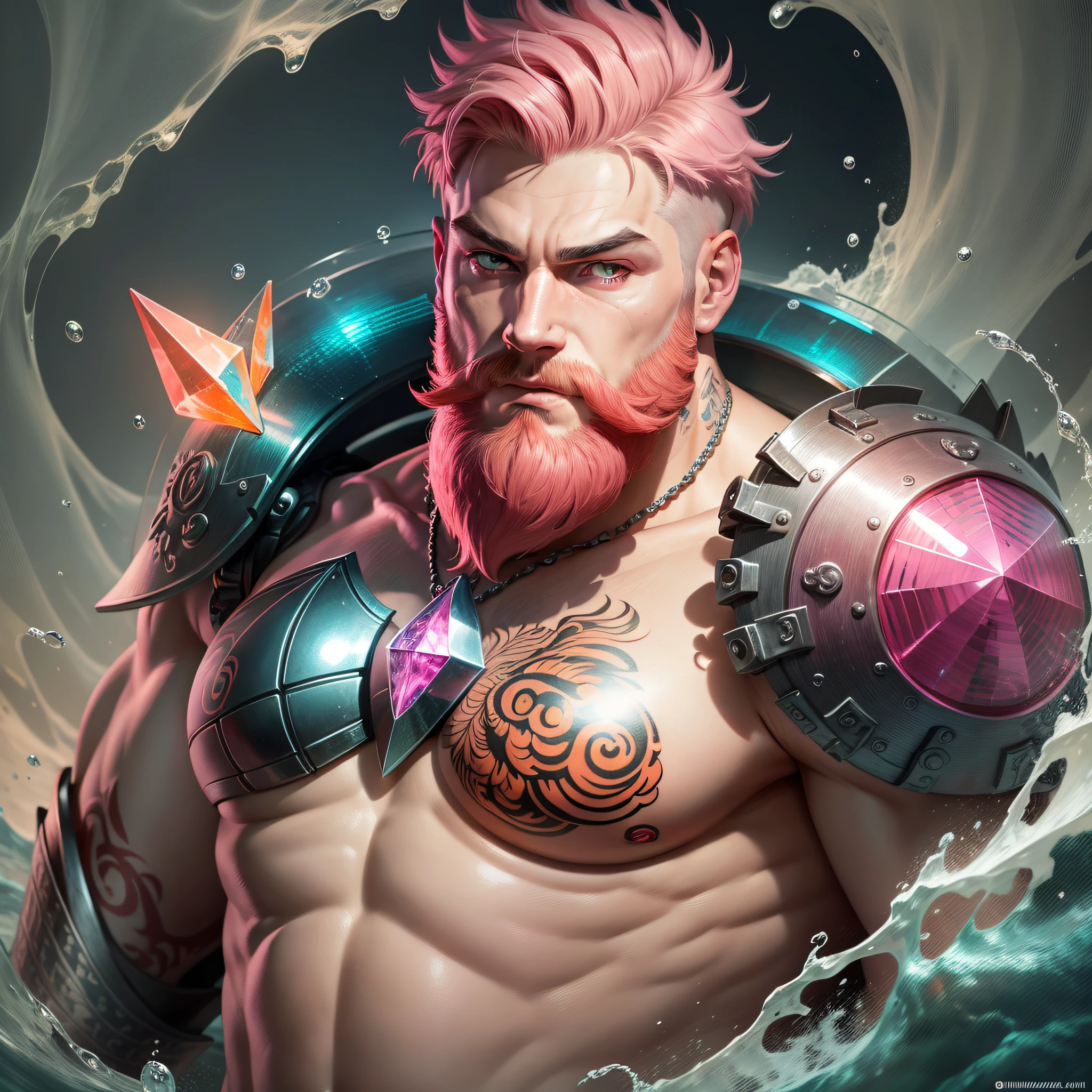 A strong man, short pink hair, short beard, has orange eyes, is underwater, has tattoos, has a crystal trident, realistic drawing style, focus on the face