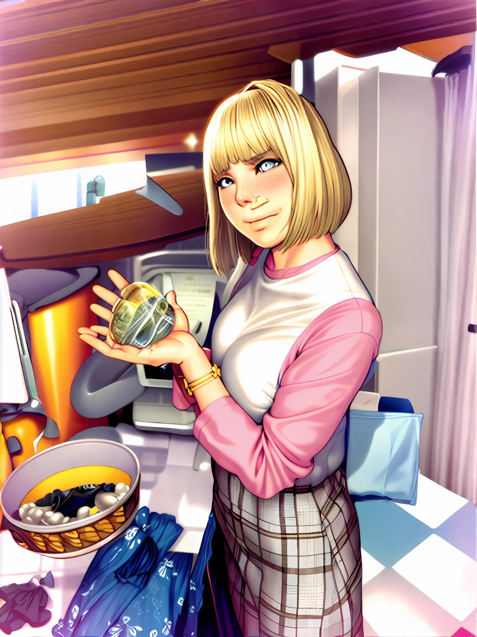 tony taka, 1girl, artist name, bangs, bare shoulders, blush, bottle, bow, breasts, day, hair accessory, holding, looking at the audience, big breasts, page numbers, blonde hair, blue eyes, long hair, transparent fabric, sexy pajamas, no underwear, no panties, sweat, sweat beads, masturbation stick, high quality, super detailed