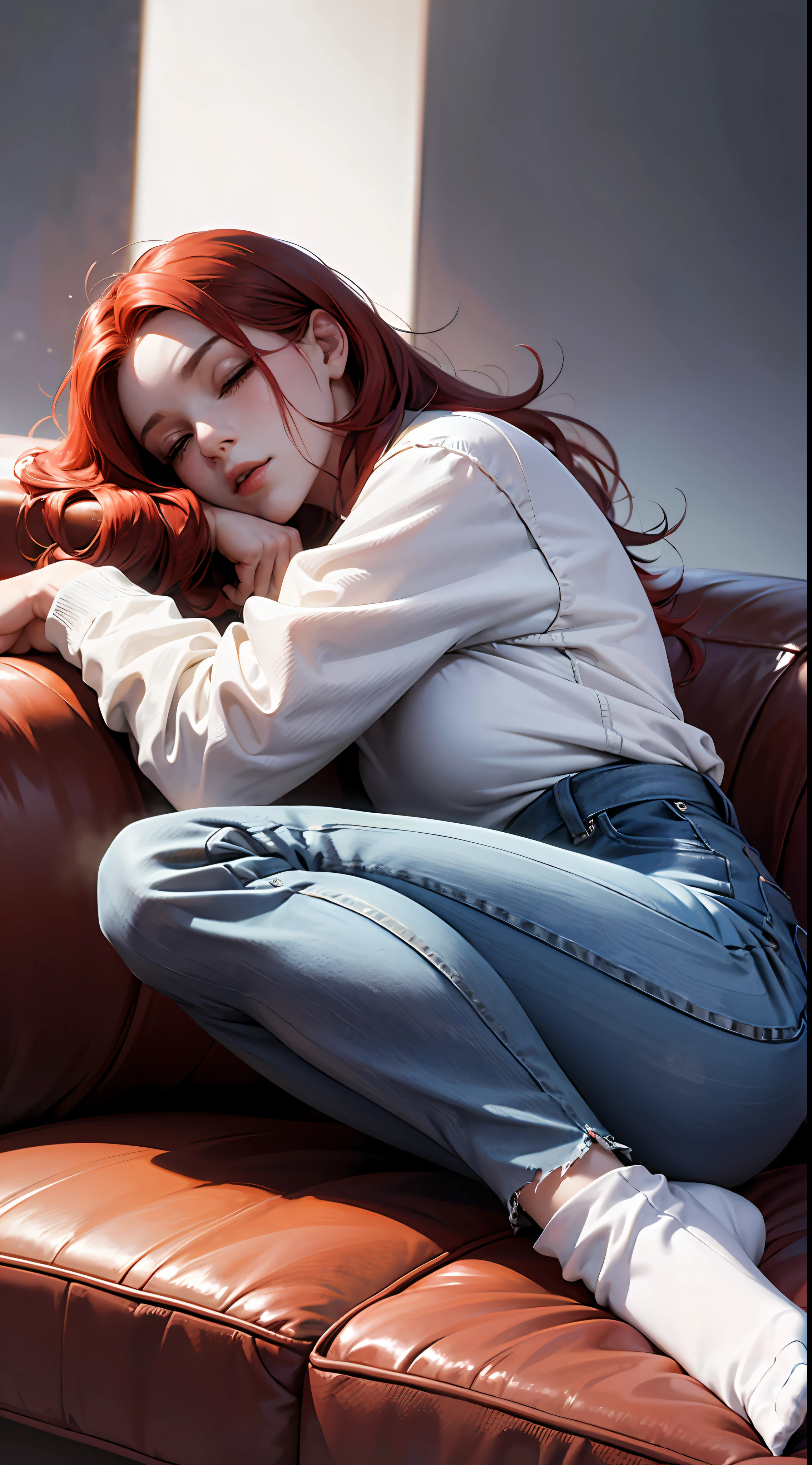 Masterpiece, best_quality, 1girl, solo, sleeping, lying on the couch, in white sweatshirt, long jeans, socks. red hair, perfect face, 4k, HDR, Full HD, HDR, proper lighting, late afternoon,