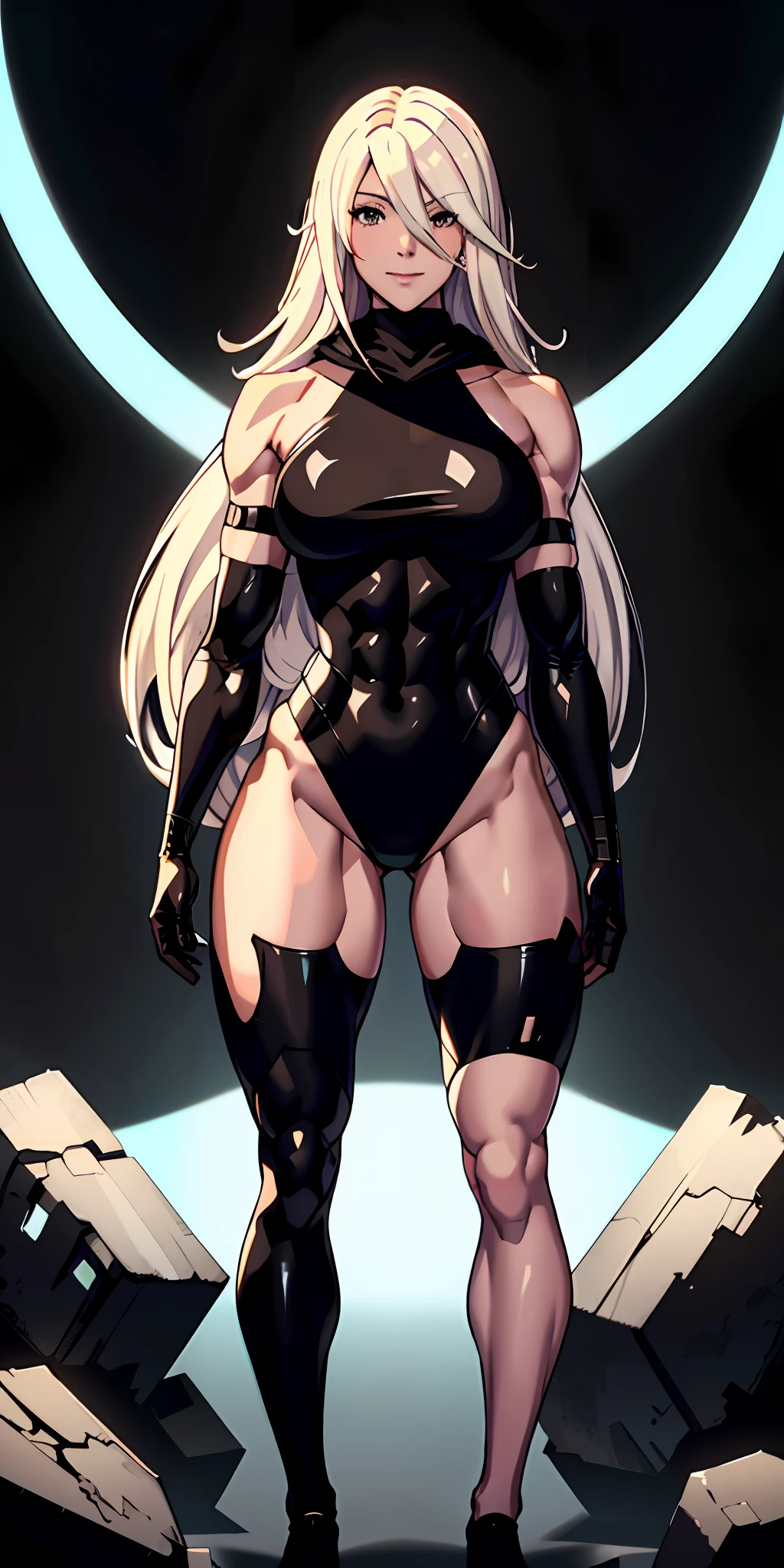 anime waifu bodybuilder, beautiful face, smiling face, perfect body, fit body, abdomen, large breasts, muscular, ((hair) long and blonde), ((clothing) white colored tight swimsuit, torn), (torn cape at the tip covering the body of black color, and hood covering the head of black color), character A2, (white and torn bandages on the arms and legs), (viewer has an isometric vision)