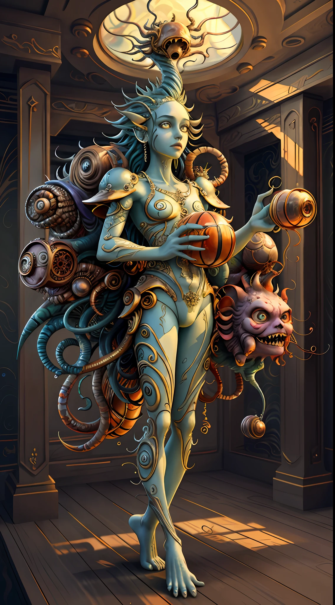 (best quality: 1.4), (masterpiece: 1.2), detailed, complex, high resolution, iridescent colors, A charming and fascinating creature with otherworldly forms that blend the best aspects of the monster human form and the innocent charm of a precocious , scales, wings, blue, texture, complex, gorgeous, 3D, highly detailed, decorative style, Tim Burton, Dale Chihuly, Bruce Zheng, Cyril Rolando, H. R. Giger $plastic$ Grid: Real Lenoid afremov style, wet, fire