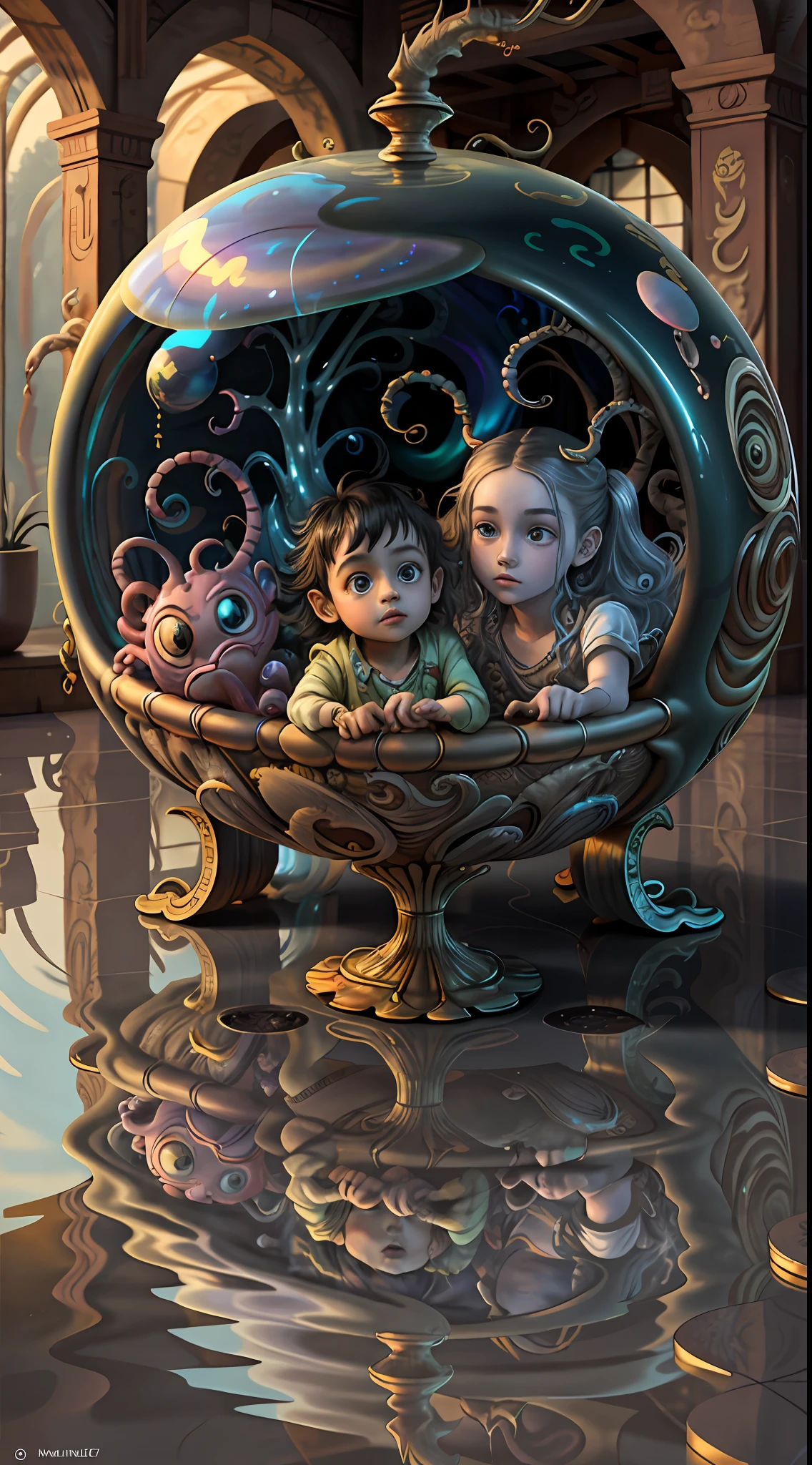 (best quality: 1.4), (masterpiece: 1.2), detailed, complex, high resolution, iridescent colors, A charming and fascinating creature with otherworldly forms that blend the best aspects of the monster human form and the innocent charm of a precocious child, scales, wings, blue, texture, complex, gorgeous, 3D, highly detailed, decorative style, Tim Burton, Dale Chihuly, Bruce Zheng, Cyril Rolando, H. R. Giger $plastic$ Grid: Real Lenoid afremov style, wet, fire