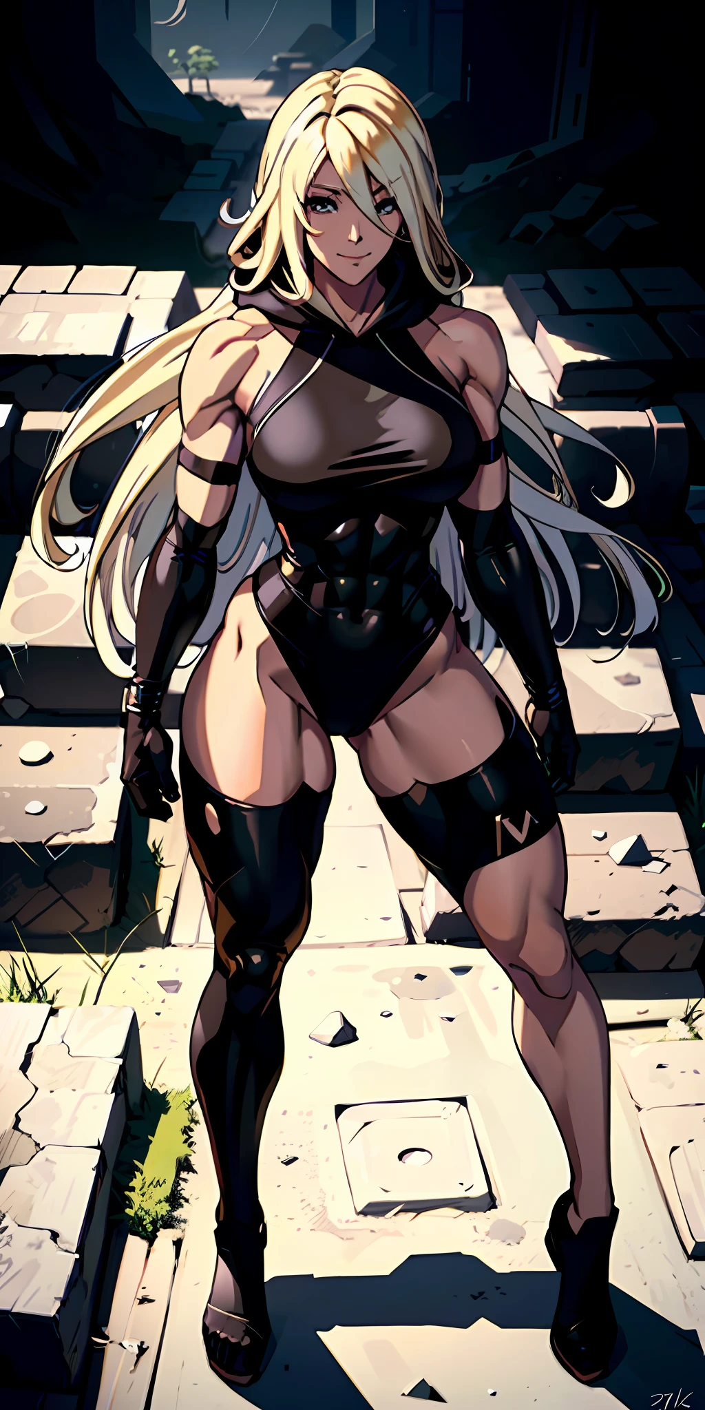 anime waifu bodybuilder, beautiful face, smiling face, perfect body, fit body, abdomen, large breasts, muscular, ((hair) long and blonde), ((clothing) white colored tight swimsuit, torn), (torn cape at the tip covering the body of black color, and hood covering the head of black color), character A2, (white and torn bandages on the arms and legs), (viewer has an isometric vision), Art with a view from above