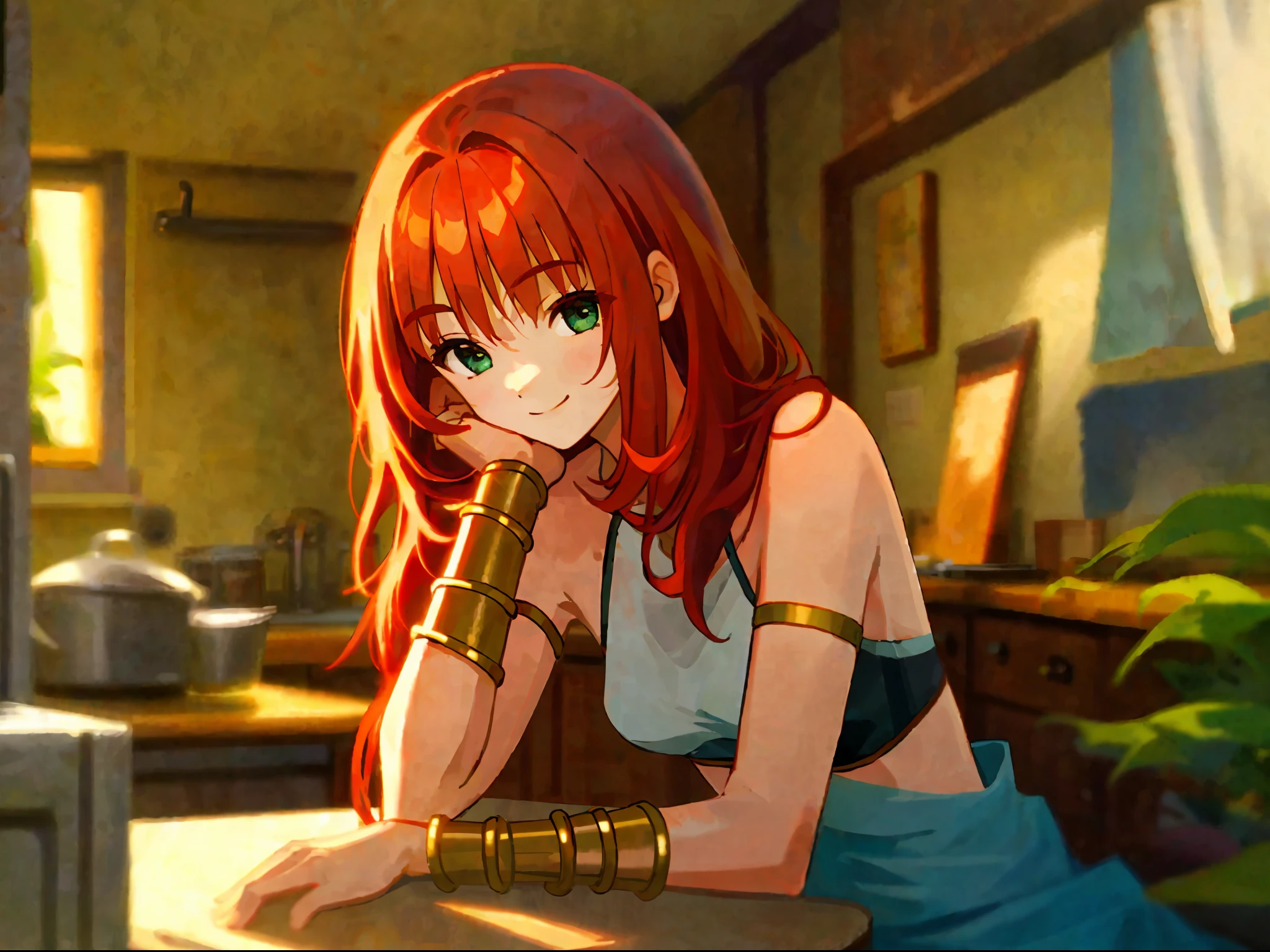 1girl, bra, red hair, bracelets, bare shoulders, bare sleeves, arms bracelets, small breasts, side boobs, table, kitchen, smiling, hands on face, masterpiece