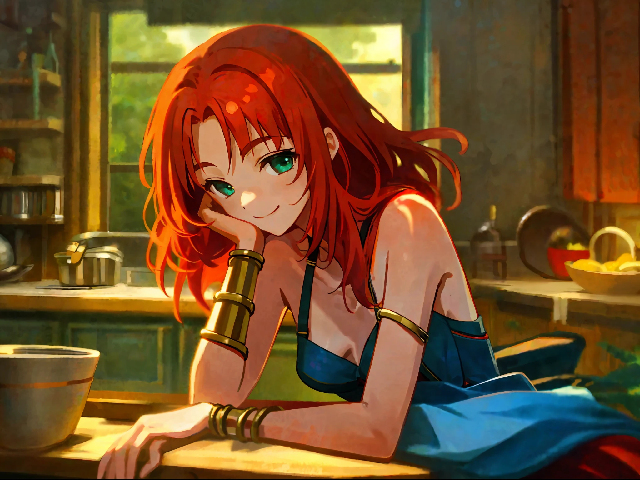 1girl, bra, red hair, bracelets, bare shoulders, bare sleeves, arms bracelets, small breasts, side boobs, table, kitchen, smiling, hands on face, masterpiece