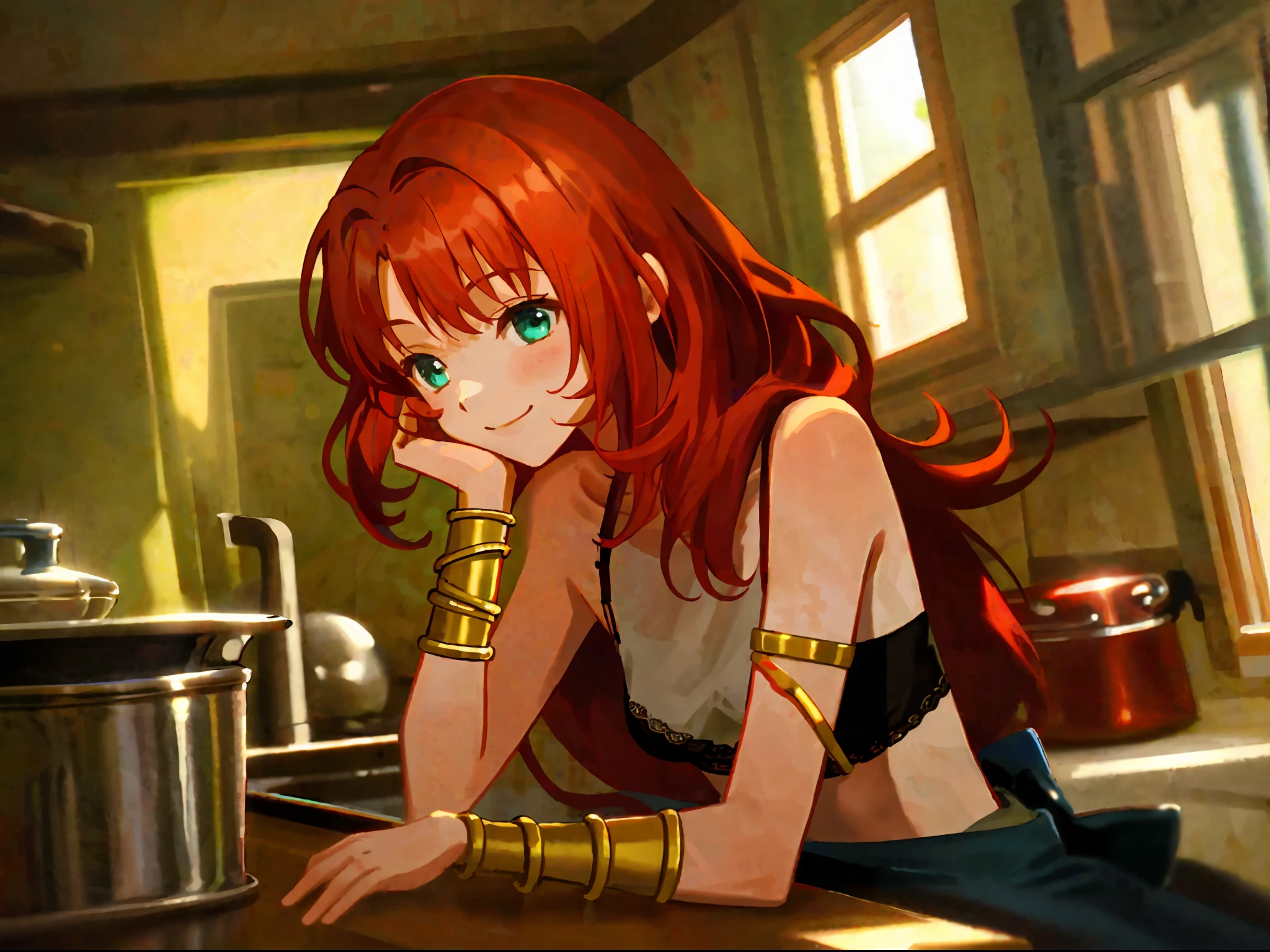 1girl, bra, red hair, bracelets, bare shoulders, bare sleeves, arms bracelets, small breasts, side boobs, table, kitchen, smiling, hands on face, masterpiece
