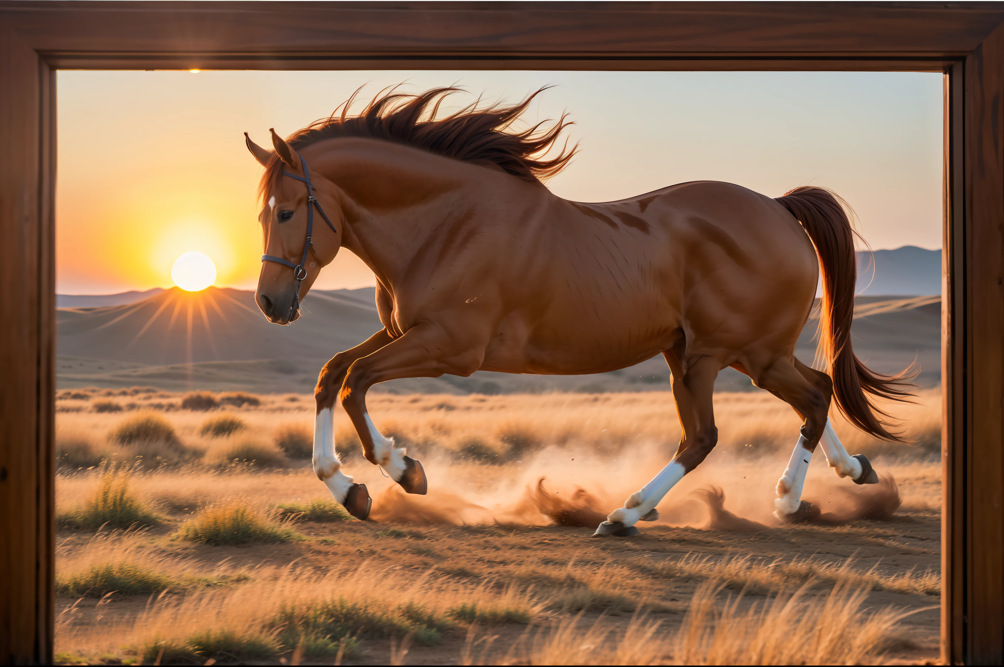 A brown-red horse galloped across the steppe in the setting sun, full limbs, long mane,