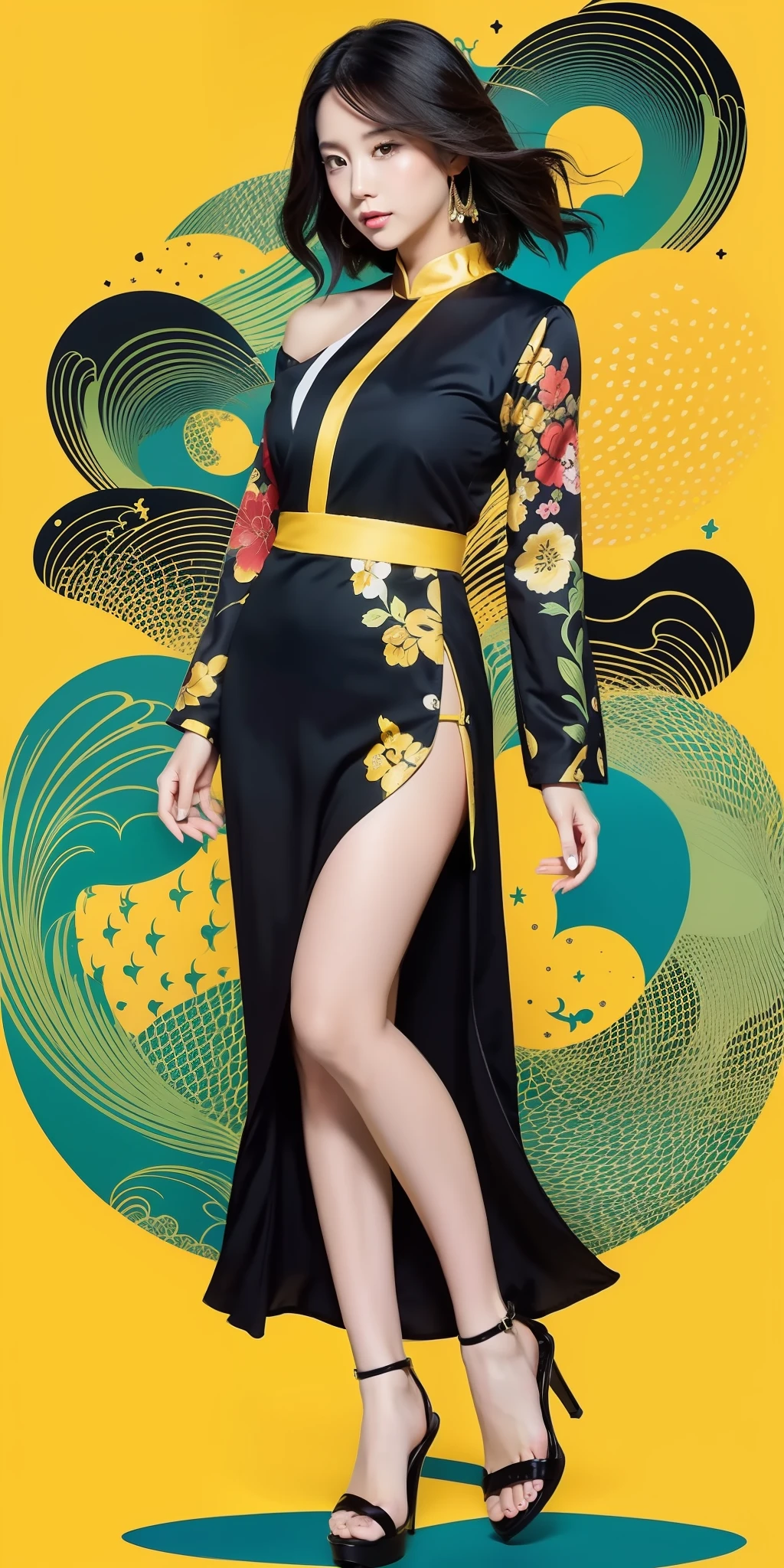 Vietnamese girl, primary colors with white highlights, half tone, close-up portrait, hair blown by the wind, Hokusai wave background, ukiyo-e style by Tomer Hanuka and Atey Ghailan and Roy Lichtenstein and Maxfield Parrish, expressive, in the style of official art, gorecore, koi fish and avian-themed, dark yellow and light black, oshare kei, full body.Vector, Cell shade,