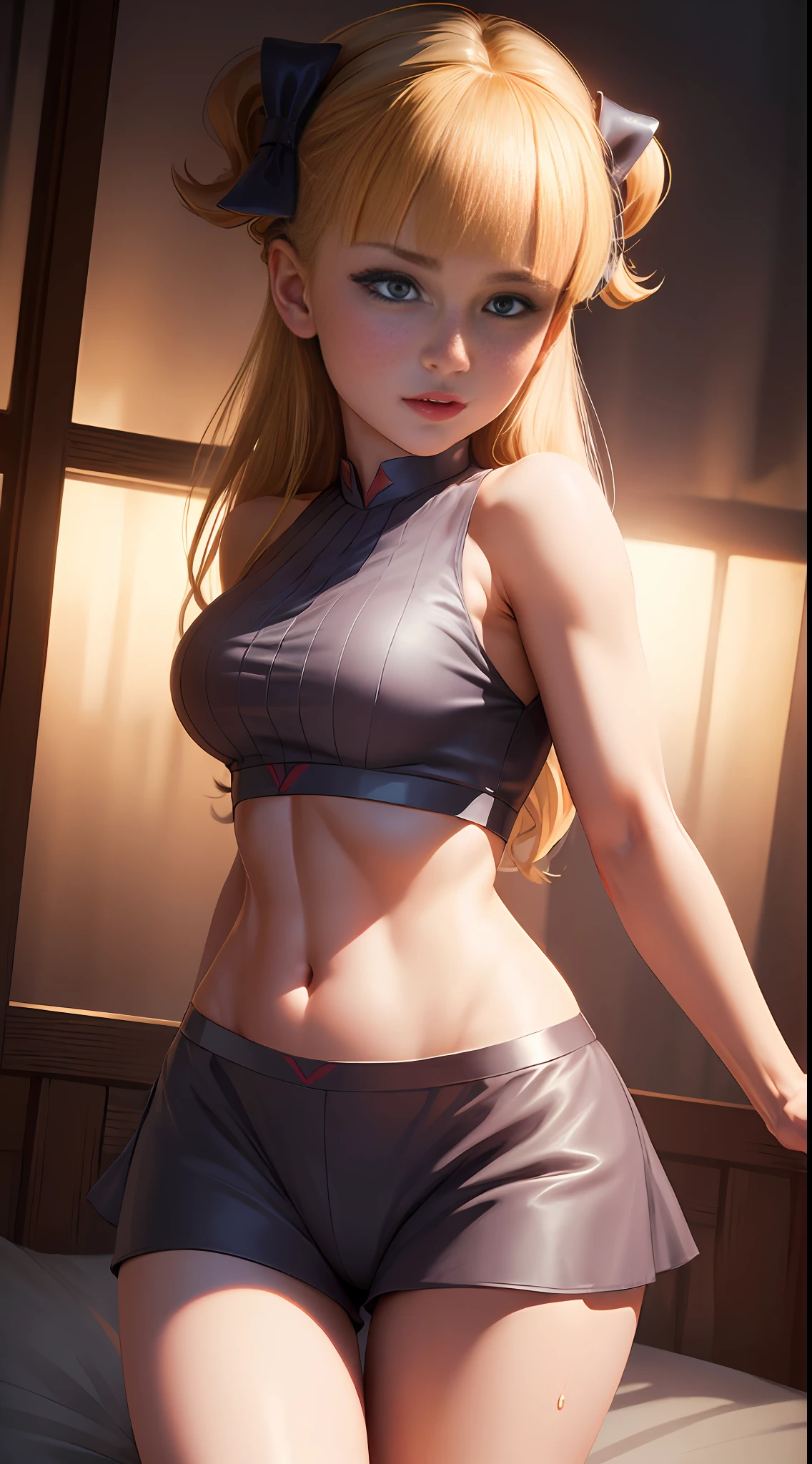 ((Best quality, 8k, Masterpiece :1.3)), dramatic lighting, pretty woman, 1girl, huge breasts :1.3, (firm abs, slender figure :1.1), lustful, dark brown hair, (panties :1.1), ultra-detailed face, detailed lips, detailed eyes, double eyelid, bed, boudoir, blonde, sweat