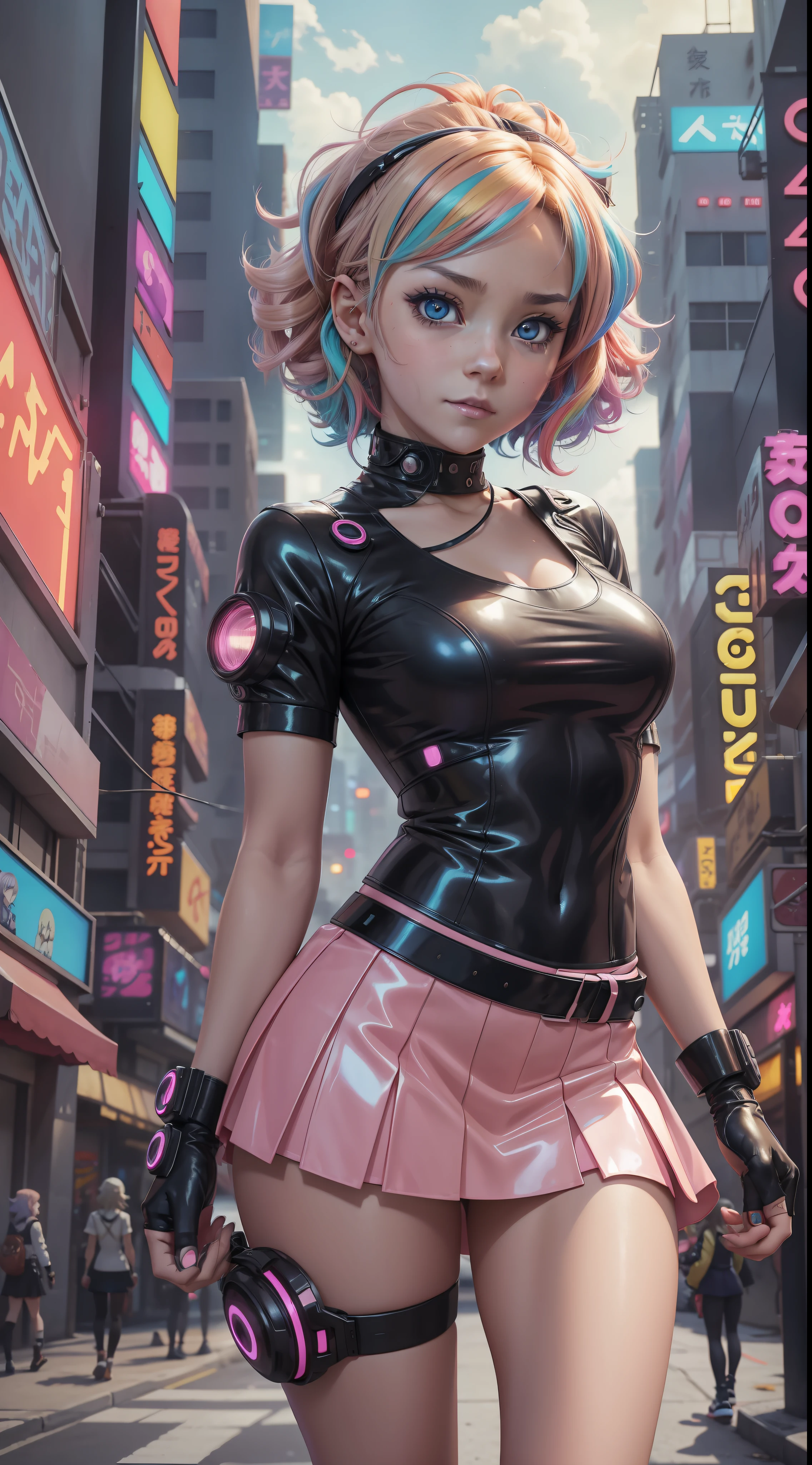 Anime girl with short three-tone hair, rogue anime girl, Anime Girl of the Future, in anime movie, Today's Featured Anime, Screenshot of anime movie, still TV anime, still anime, anime character, ((little clothes with neckline)), 1girl, solo, (closed smile:0.9), (multicolored curly hair, pupils of different colors), (atmospheric perspective, amazing background, cyberpunk, futuristic, neon lights, city: 0.8), ((sexy pose)), (short skirt), (latex shirt), (medium breasts)