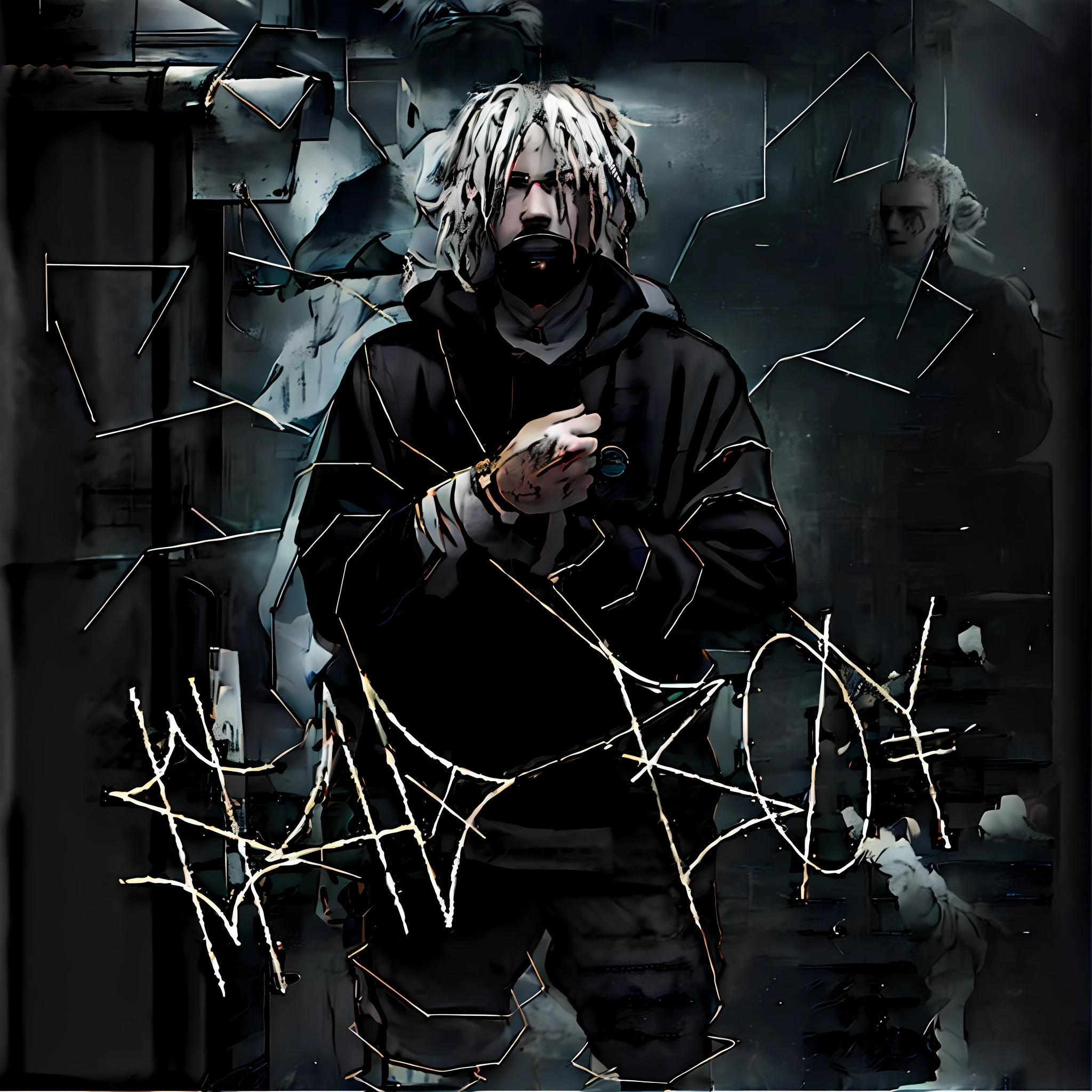 arafed man with dreadlocks and a hoodie standing, hair half white, hair half brown, blue eyes, dreads, dreadlocks, american man, caucasian man, european man, white man, blue eyes, chains, rings, holding a microphone, lil peep, masked, shinobi, alternate album cover, album cover!, xxxtentacion, album art cover, album art, new album cover, yung lean, music album cover, album cover, rap album cover, colored album art, hardops, arca album cover, an album cover, album artwork, sicko, trending, on the ocean, ashy, p. j. n, photo from a promo shoot, end of an era, official artwork, promo image, a close up of a person in an orange prison outfit, bladee from drain gang, naruto, anime style, 4k, 8k, high resolution, ultra resolution, steampunk, smoke, ninja, jail clothes, orange jail clothes, shades of light, shades of shadow, artwork, two tone lights, ultra detailed, black clothes, best image quality, masterpiece, incredible, vibrant, super high resolution, artwork, style, amazing, dark, shadow, punk, black, drawing, anime