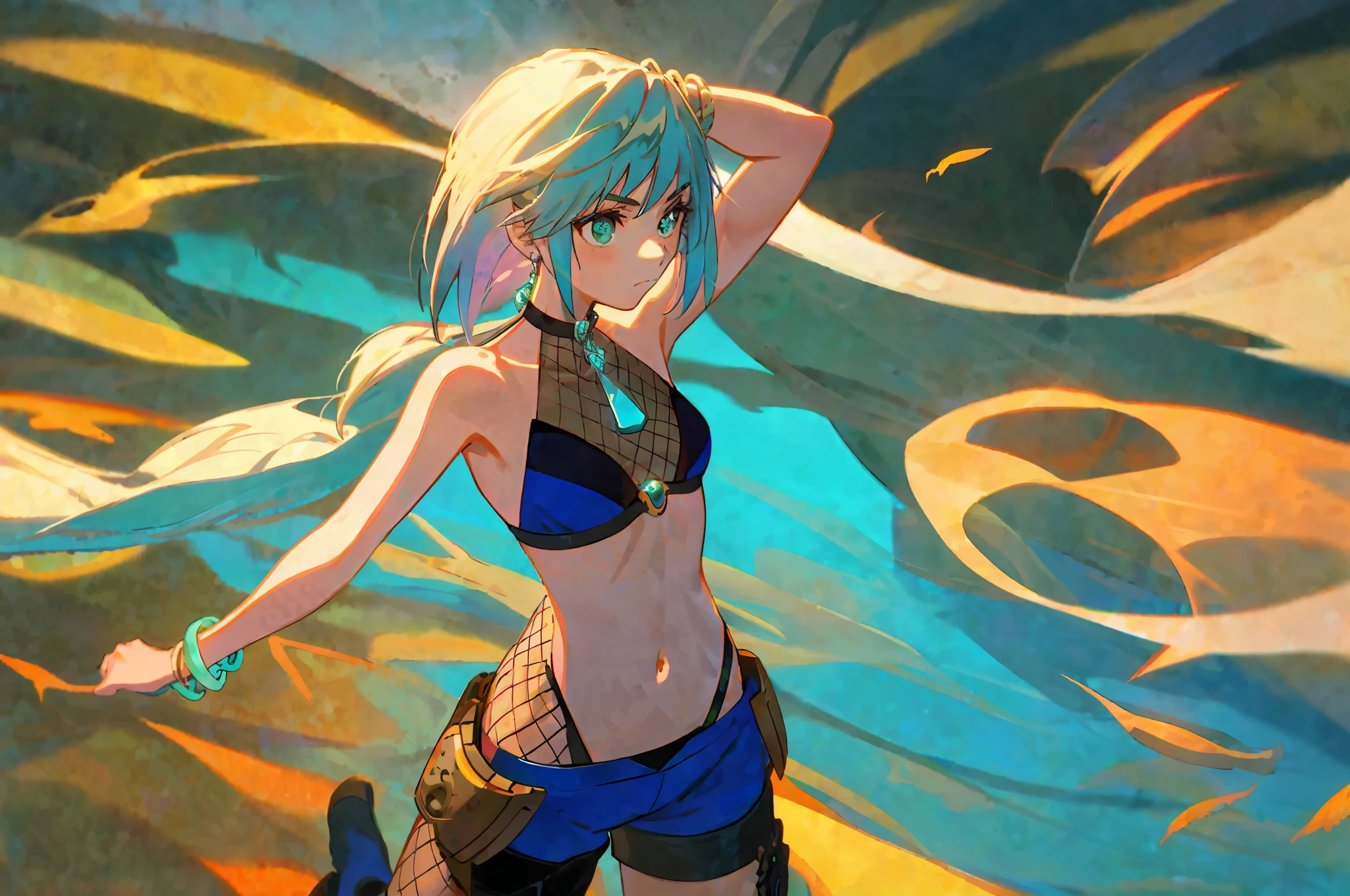 1girl, small , closed mouth, bare arms, accessory, bare sleeves, bare shoulders, bracelets, necklace, navel, cowboy shot, sideways, yelendef, bikini, shorts, gradient hair, armpits, detailed, lighting, (shadow), high boots, fishnets, arm strapts