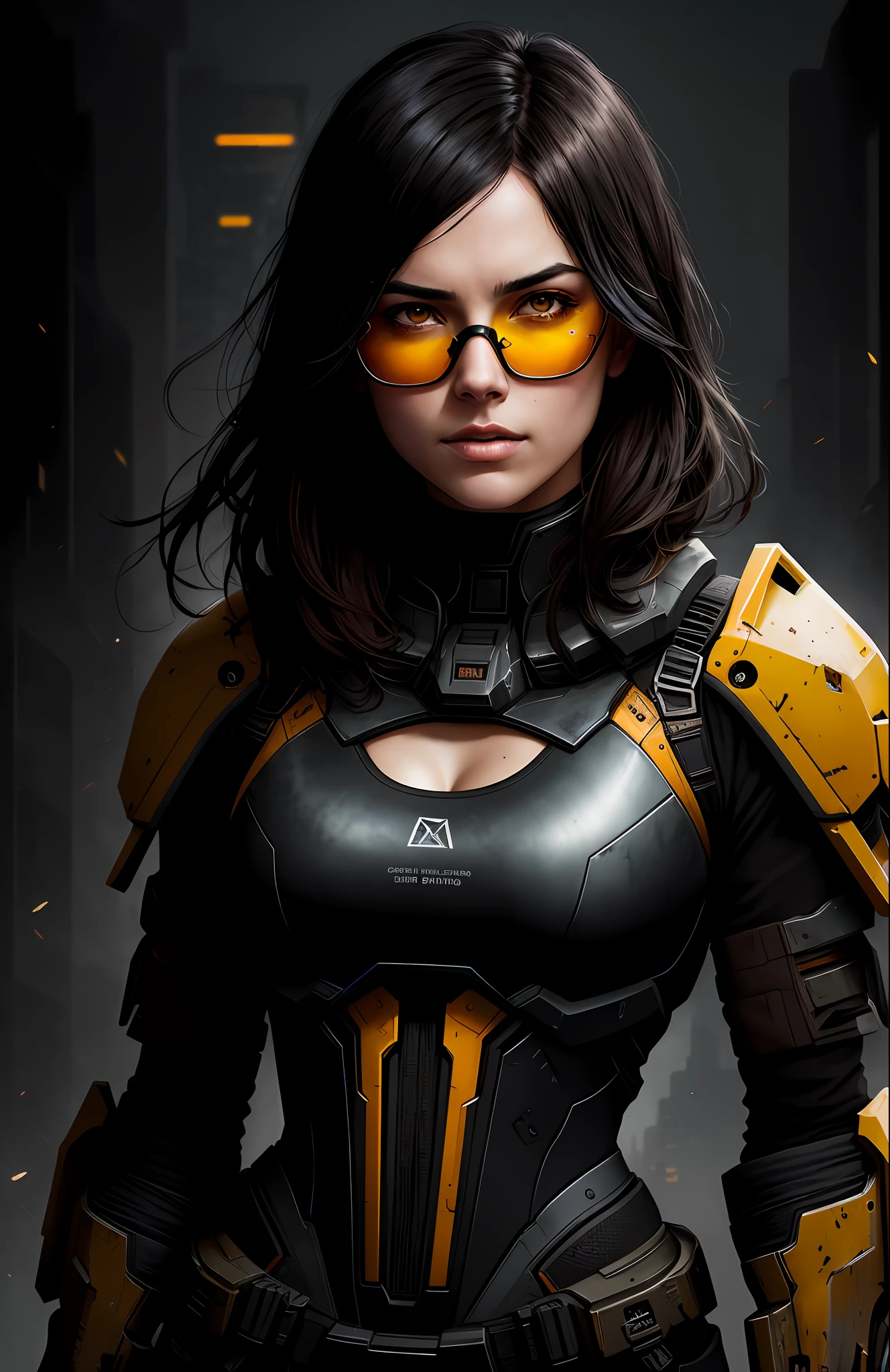 (dark photo: 1.1), realistic epic, halo portrait, sunglasses, black eyes, large breasts, black hair by Atey Ghailan, by Greg Rutkowski, by Greg Tocchini, by James Gilleard, by Joe Fenton, by Kaethe Butcher, yellow gradient, black, brown and magenta color scheme, grunge aesthetic!!! Graffiti brand wall background, art by Greg Rutkowski and Artgerm, soft cinematic light, Adobe Lightroom, Photo Lab, HDR, intricate, highly detailed, (depth of field: 1.4), faded, (neutral colors: 1.2), (HDR: 1.4), (soft colors:1.2), hyperdetailed, (Artstation:1.4), cinematic, warm lights, dramatic light, (intricate details:1.1), complex background, (Rutkowski:0.66), (blue and orange:0.4)