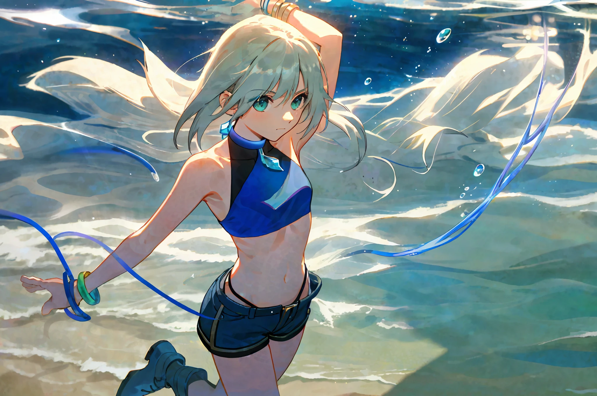 1girl, small breasts, closed mouth, bare arms, accessory, bare sleeves, bare shoulders, bracelets, necklace, navel, yelendef, bikini bra, (shorts), gradient hair, armpits, detailed, lighting, (shadow), high boots, fishnets, arm straps, water effect, blue string effect, thighs, pale skin, waist line